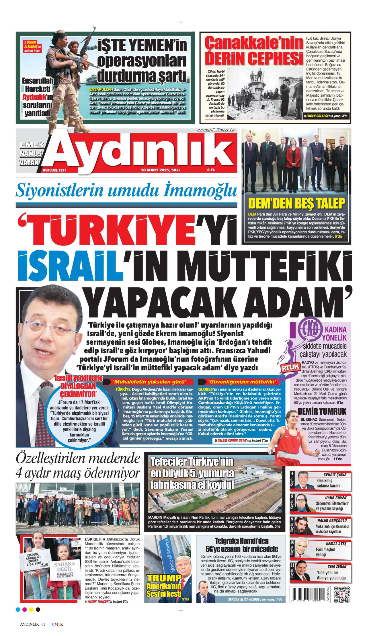 AYDINLIK GAZETESİ gazetesinin 18 Mart 2025 tarihli birinci sayfası