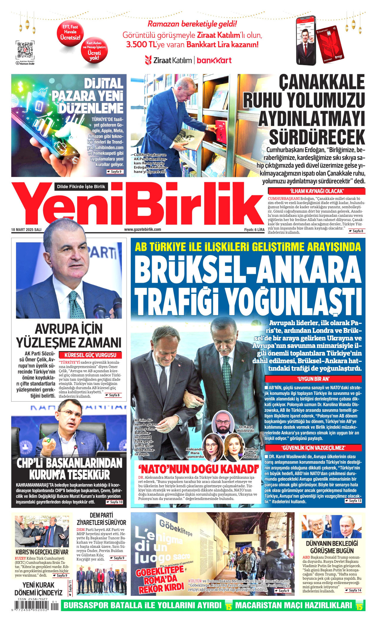 YENİBİRLİK gazetesinin 18 Mart 2025 tarihli birinci sayfası