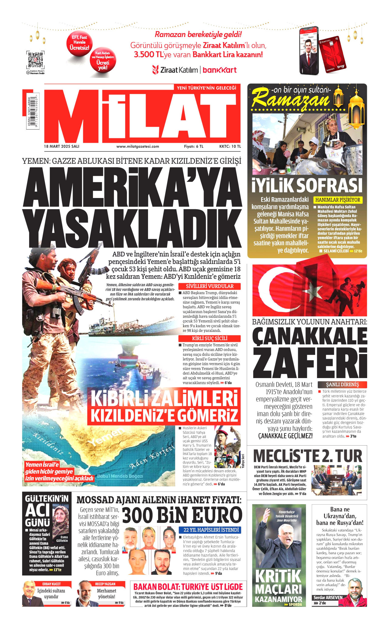 MİLAT gazetesinin 18 Mart 2025 tarihli birinci sayfası
