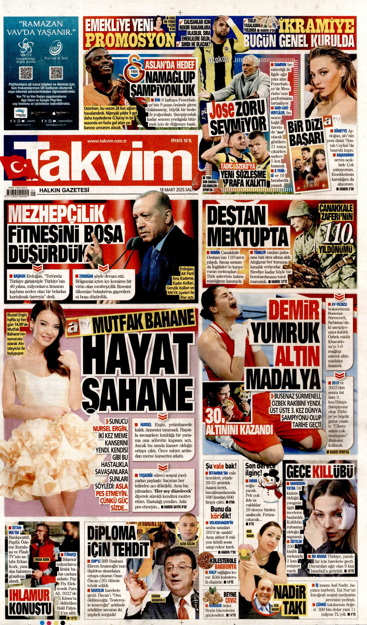 TAKVİM gazetesinin 18 Mart 2025 tarihli birinci sayfası