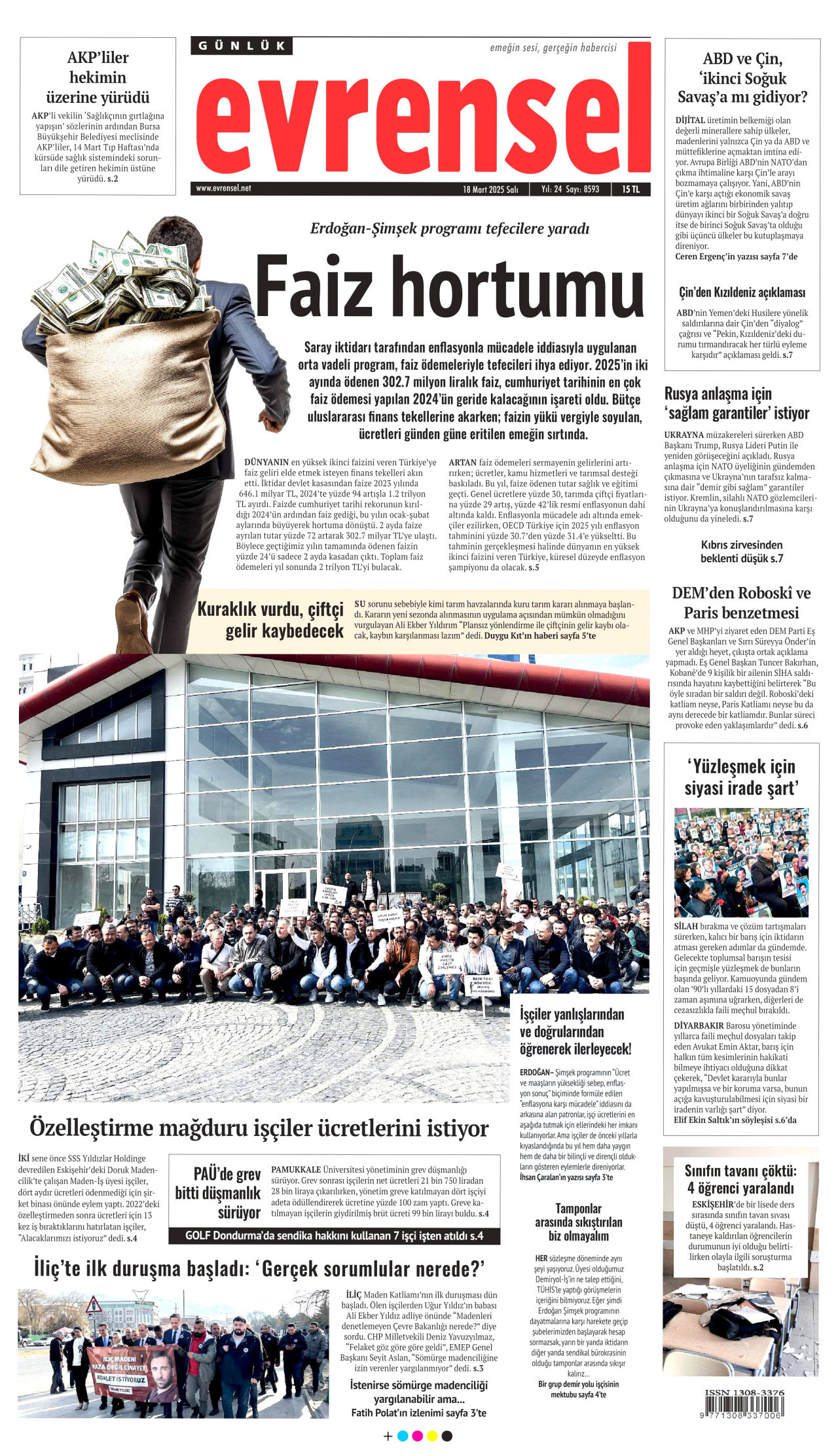 EVRENSEL gazetesinin 18 Mart 2025 tarihli birinci sayfası