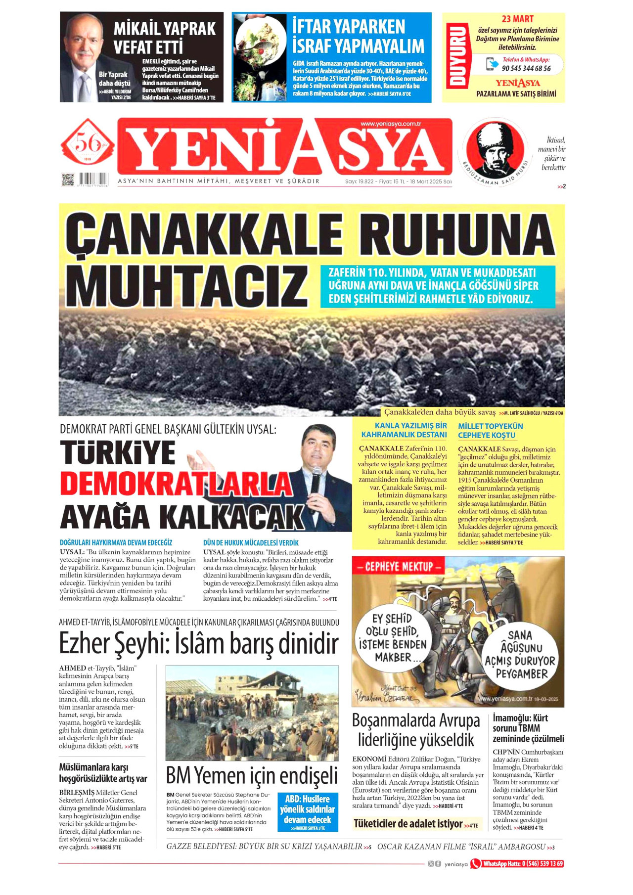 YENİ ASYA gazetesinin 18 Mart 2025 tarihli birinci sayfası