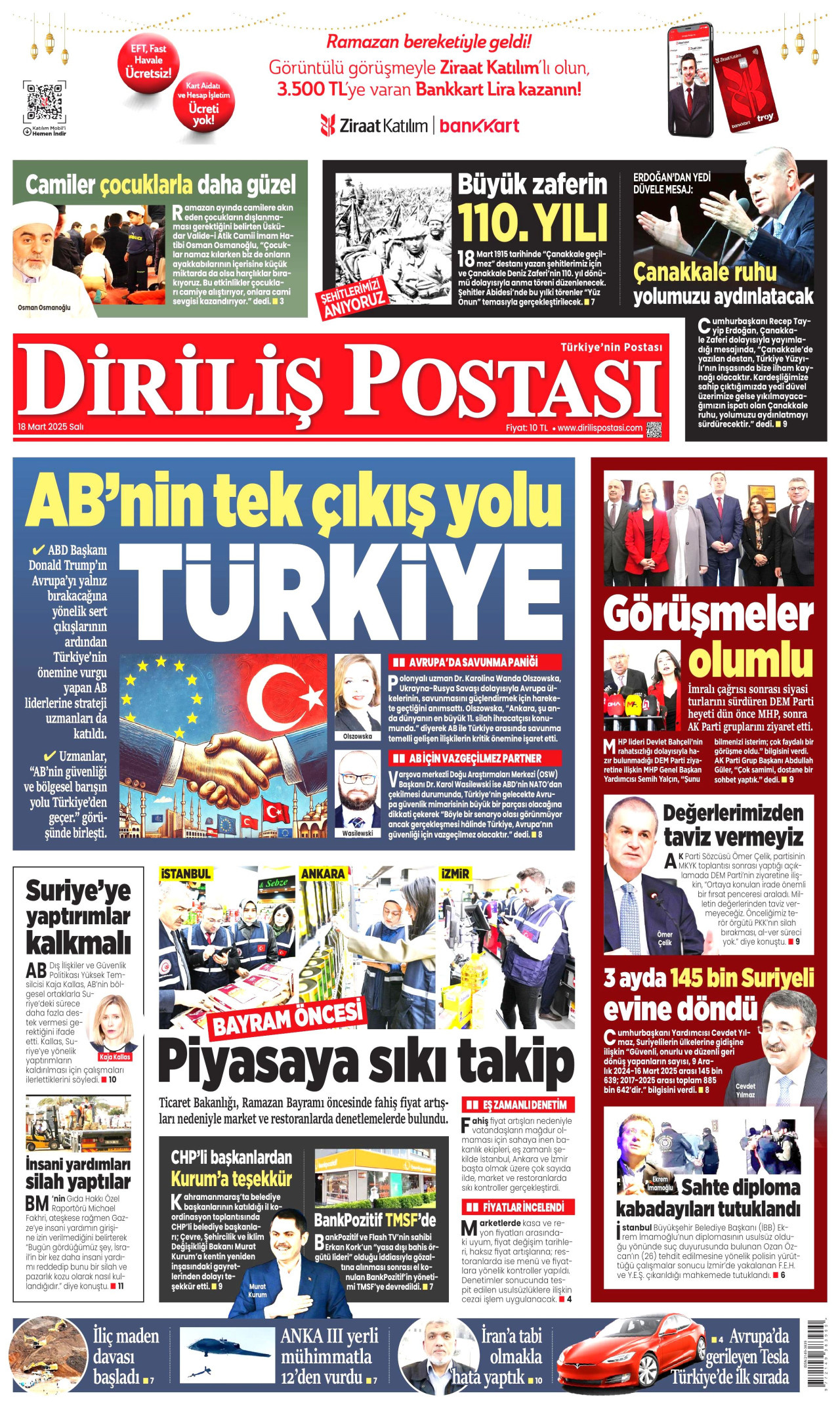 DİRİLİŞ POSTASI gazetesinin 18 Mart 2025 tarihli birinci sayfası