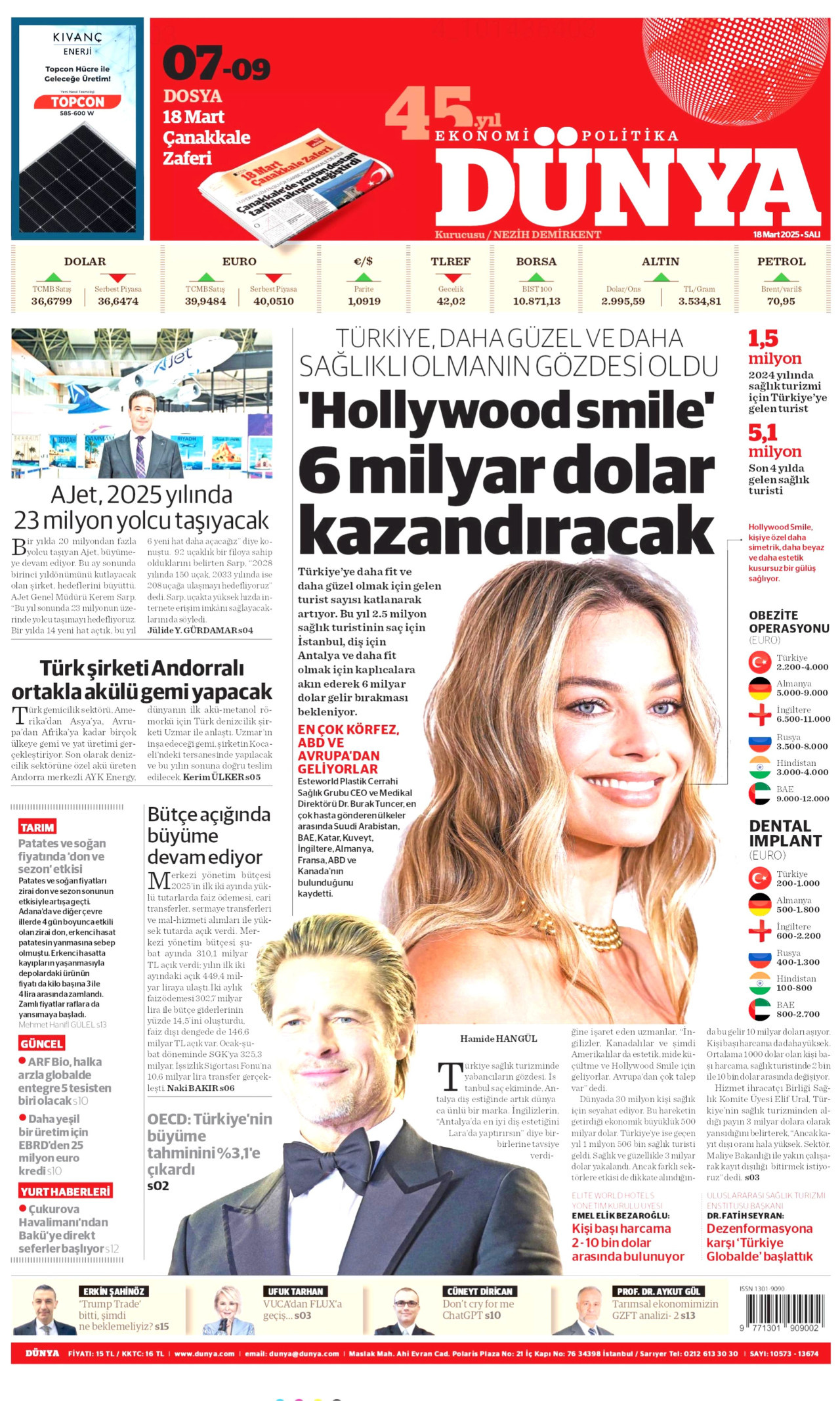 DÜNYA gazetesinin 18 Mart 2025 tarihli birinci sayfası