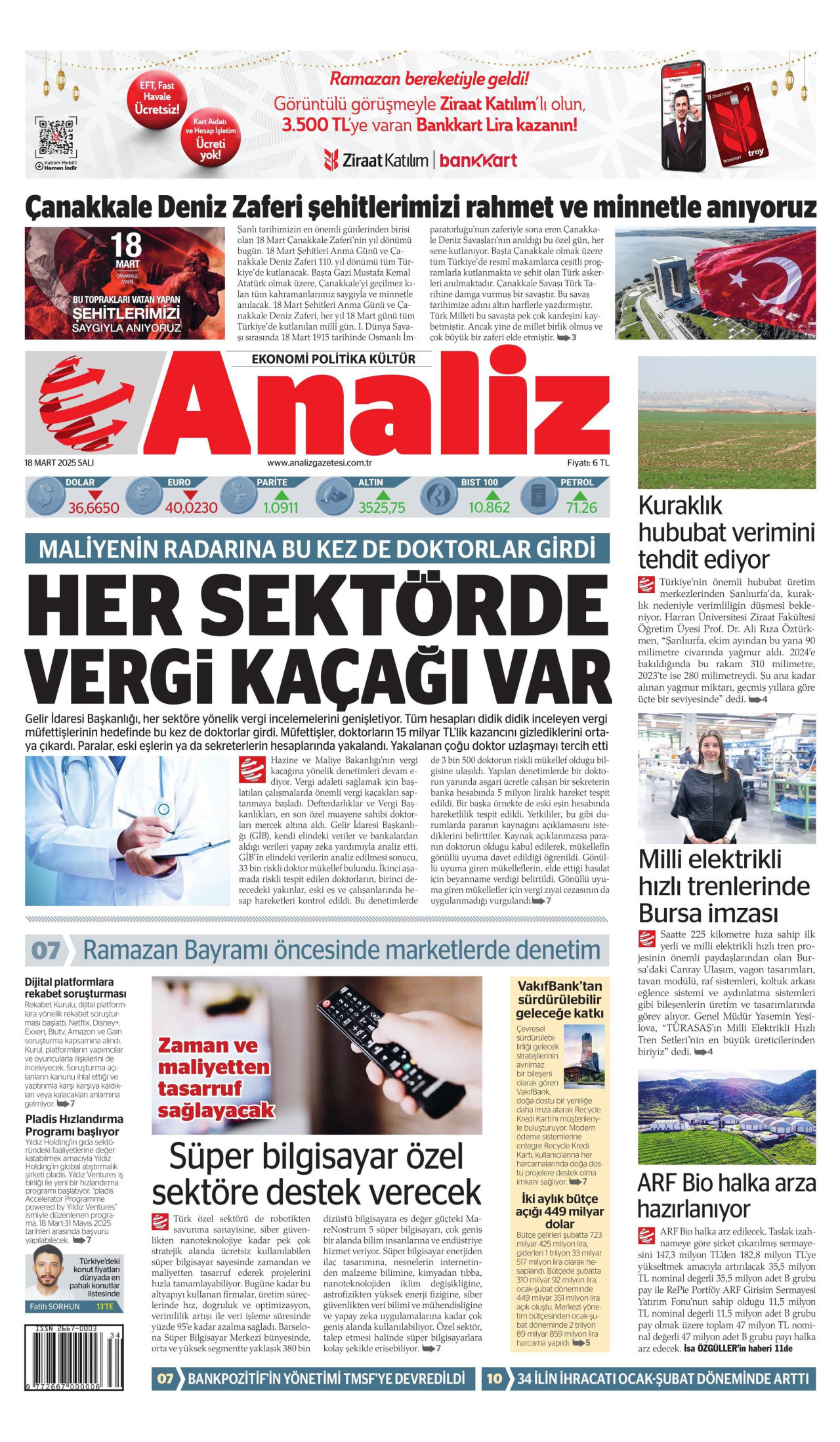 ANALİZ gazetesinin 18 Mart 2025 tarihli birinci sayfası