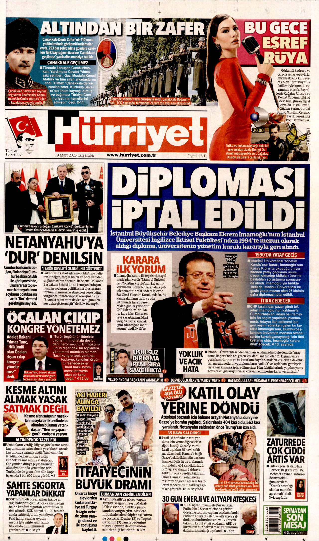 HÜRRİYET gazetesinin 19 Mart 2025 tarihli birinci sayfası