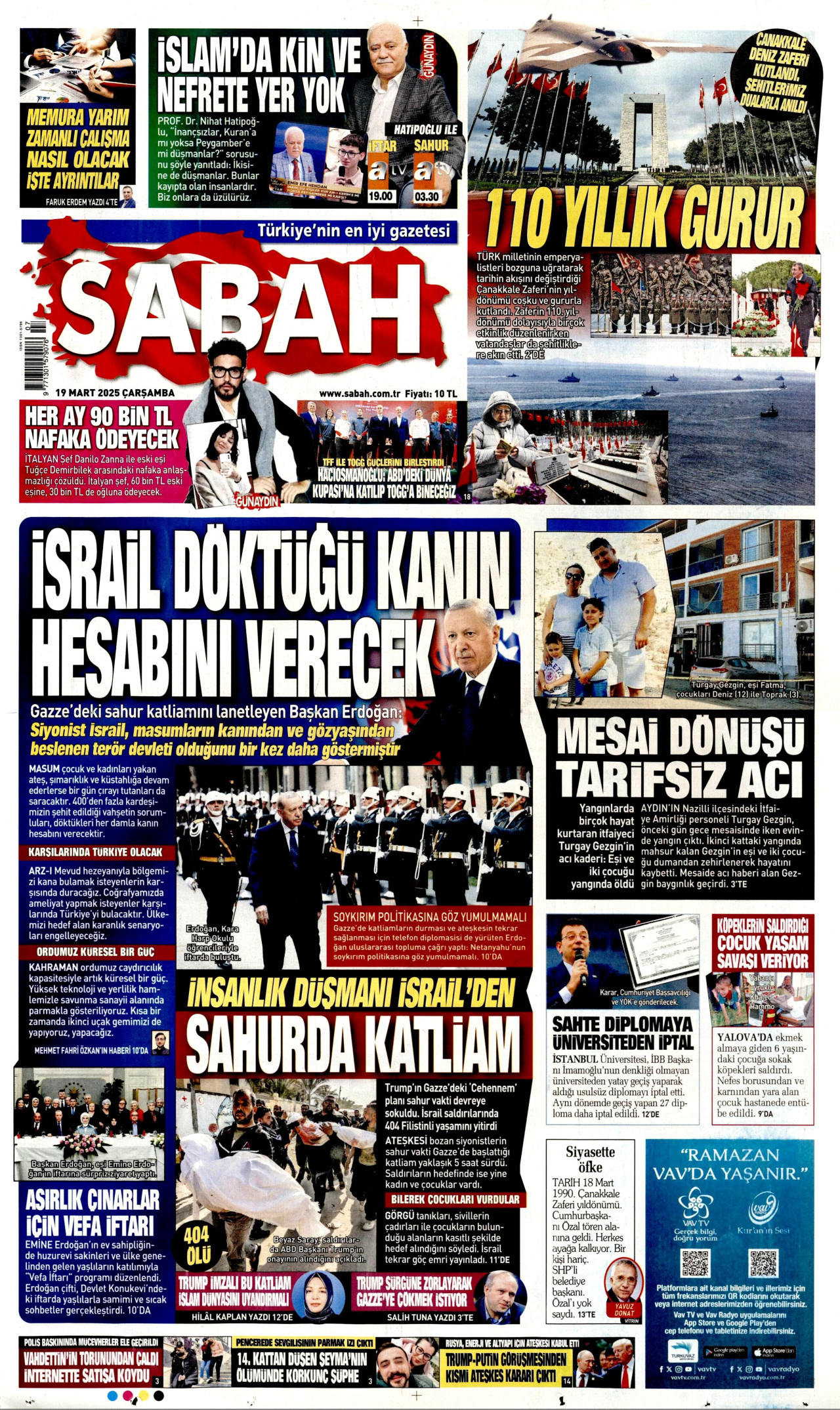 SABAH gazetesinin 19 Mart 2025 tarihli birinci sayfası
