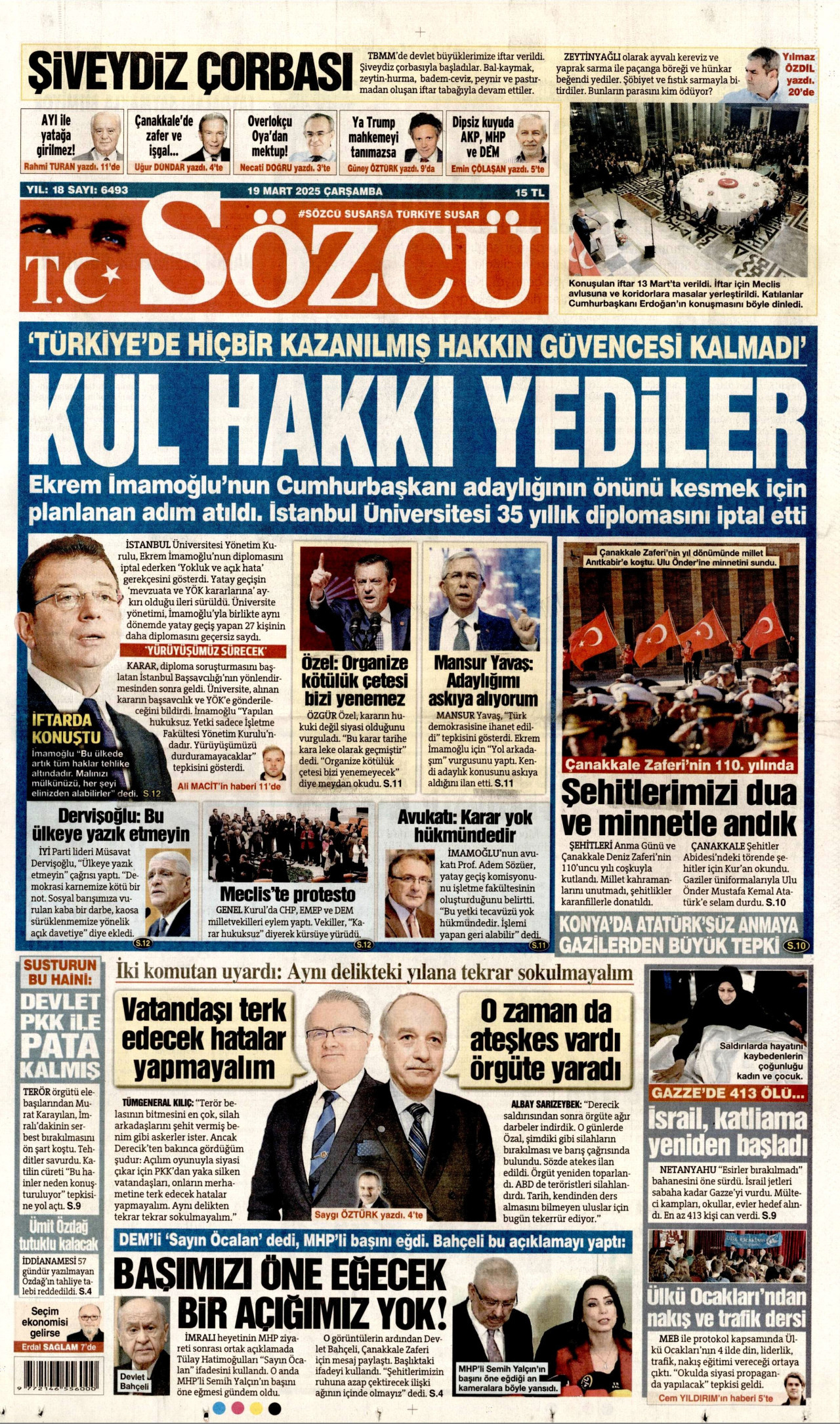 SÖZCÜ gazetesinin 19 Mart 2025 tarihli birinci sayfası