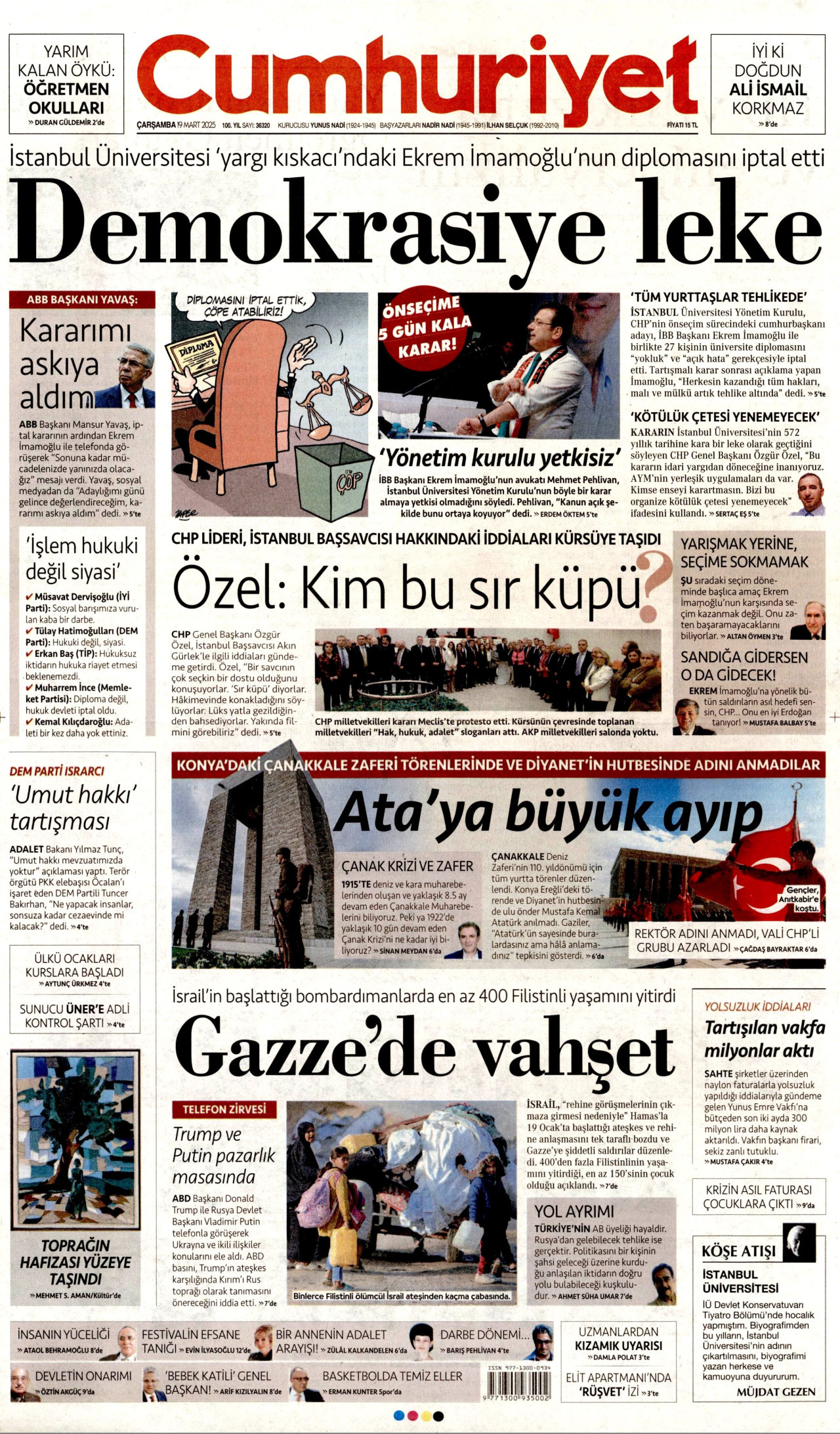 CUMHURİYET gazetesinin 19 Mart 2025 tarihli birinci sayfası