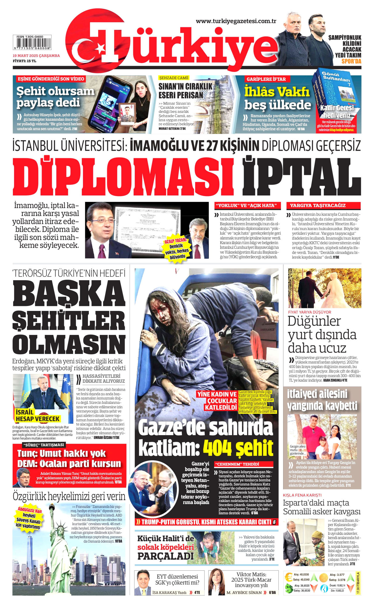 TÜRKİYE GAZETESİ gazetesinin 19 Mart 2025 tarihli birinci sayfası