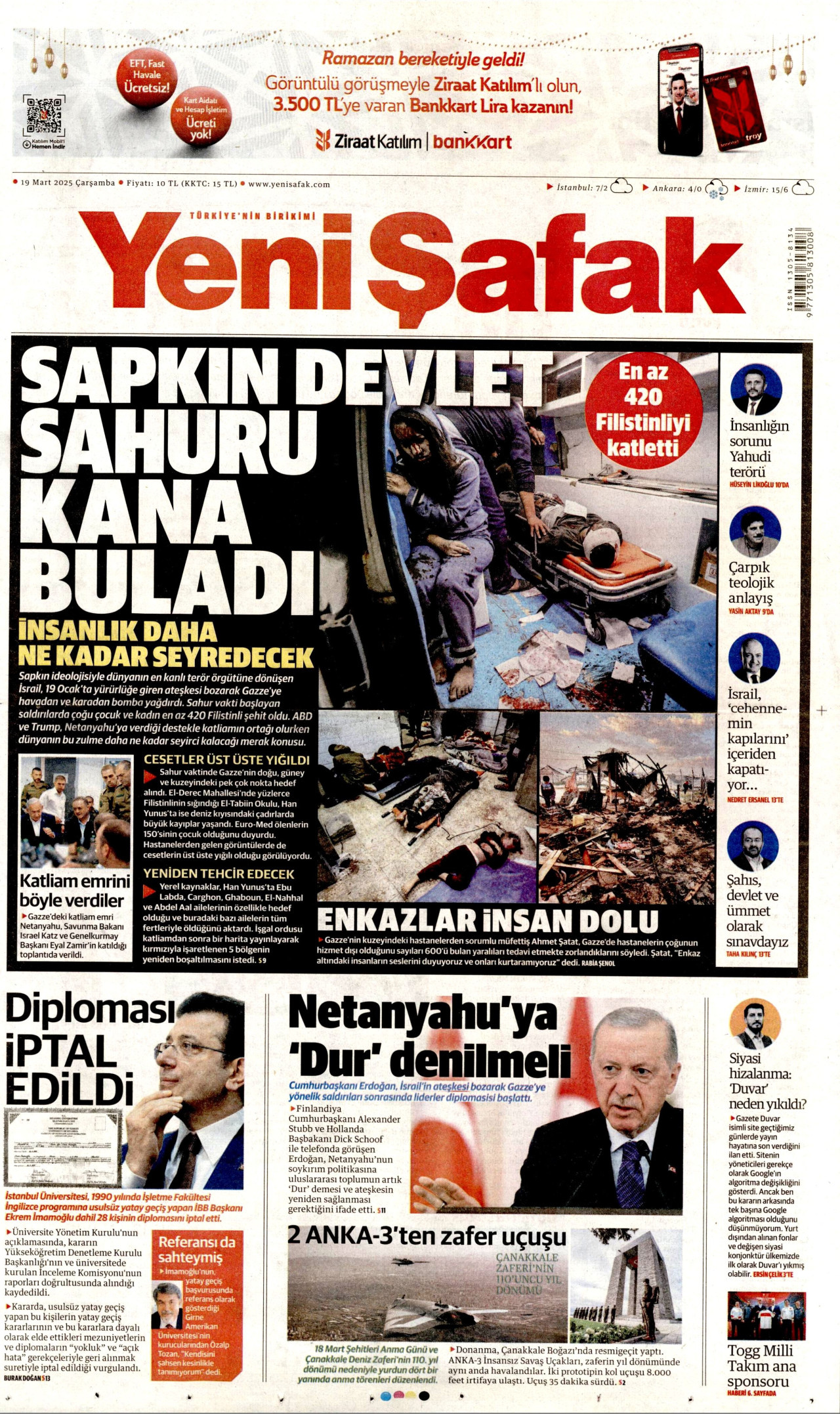 YENİ ŞAFAK gazetesinin 19 Mart 2025 tarihli birinci sayfası