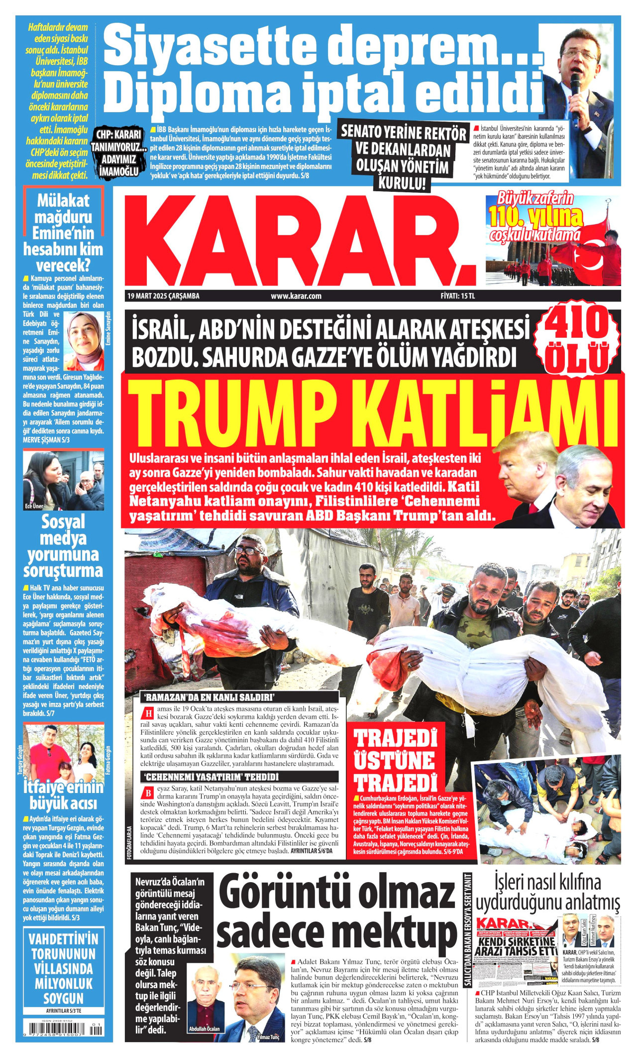 KARAR gazetesinin 19 Mart 2025 tarihli birinci sayfası