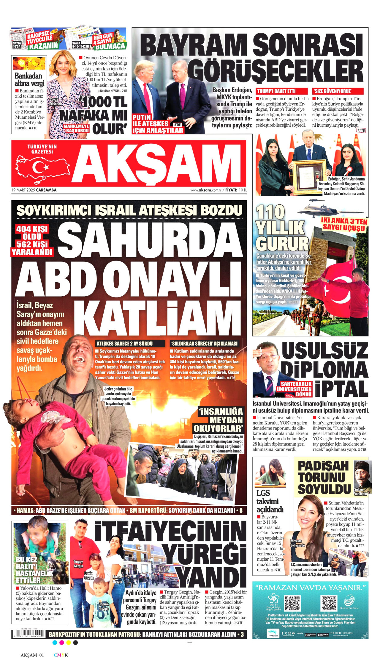 AKŞAM gazetesinin 19 Mart 2025 tarihli birinci sayfası
