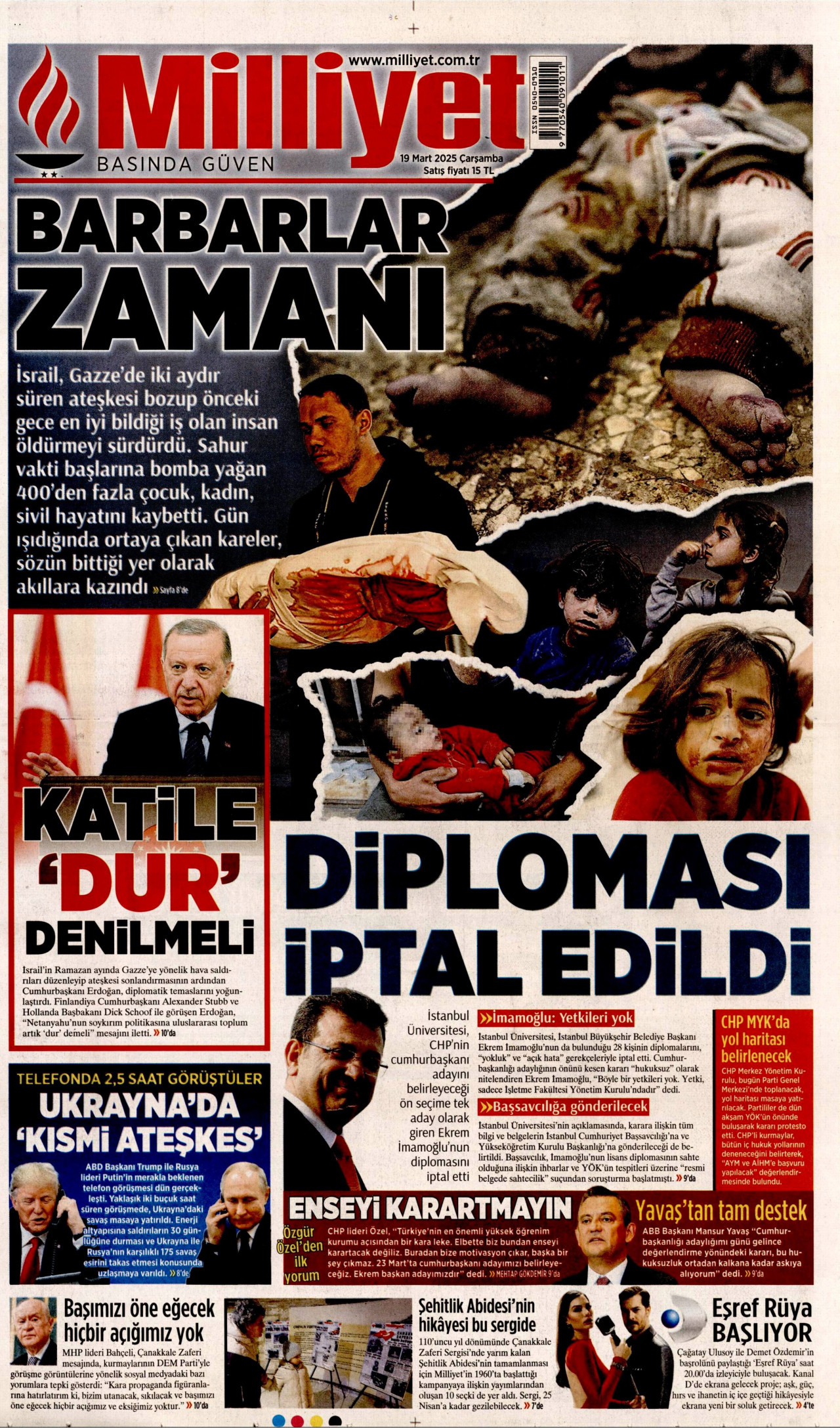 MİLLİYET gazetesinin 19 Mart 2025 tarihli birinci sayfası