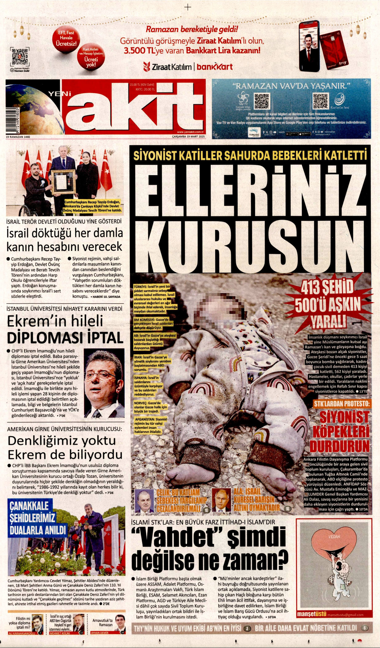 YENİ AKİT gazetesinin 19 Mart 2025 tarihli birinci sayfası