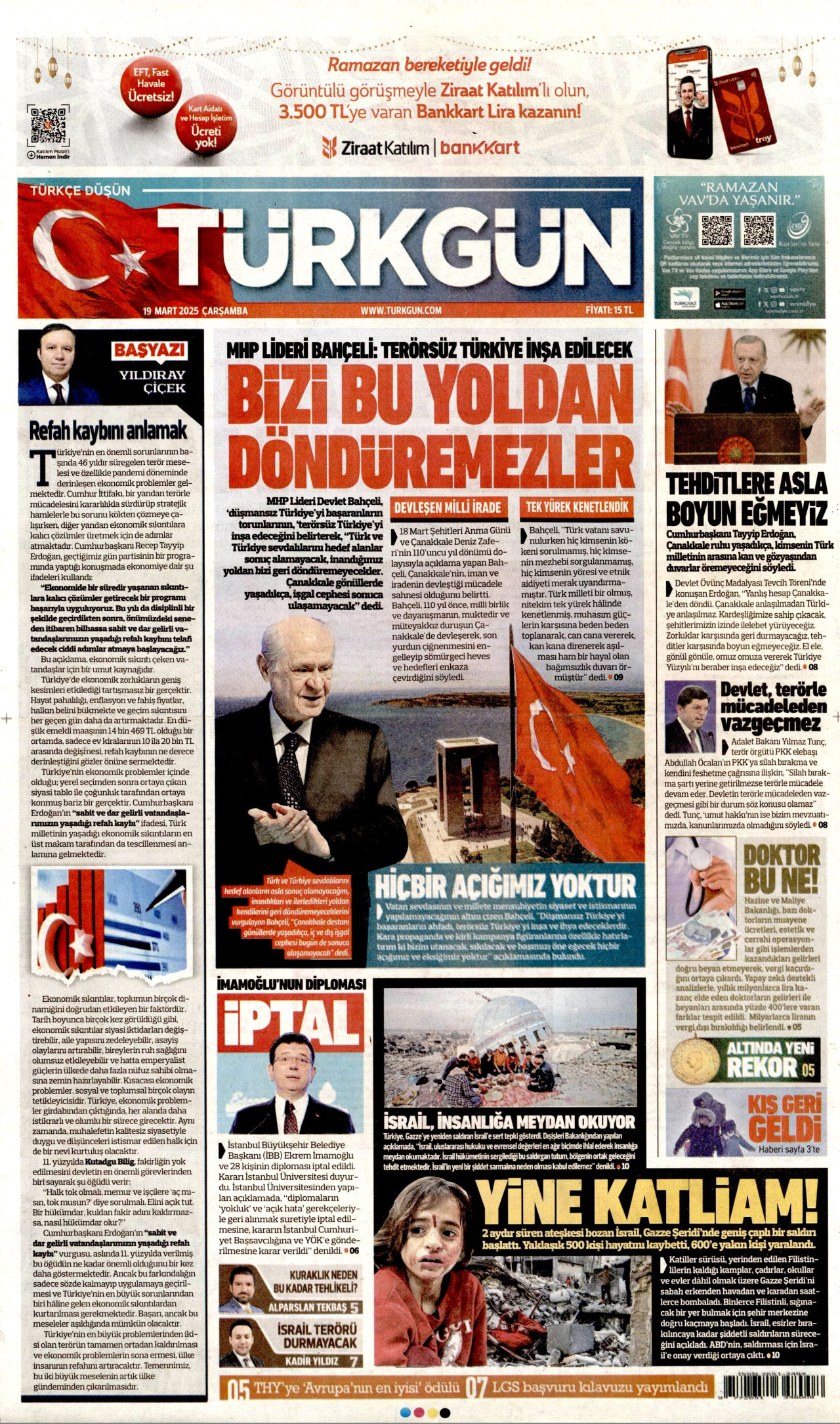 TÜRKGÜN gazetesinin 19 Mart 2025 tarihli birinci sayfası