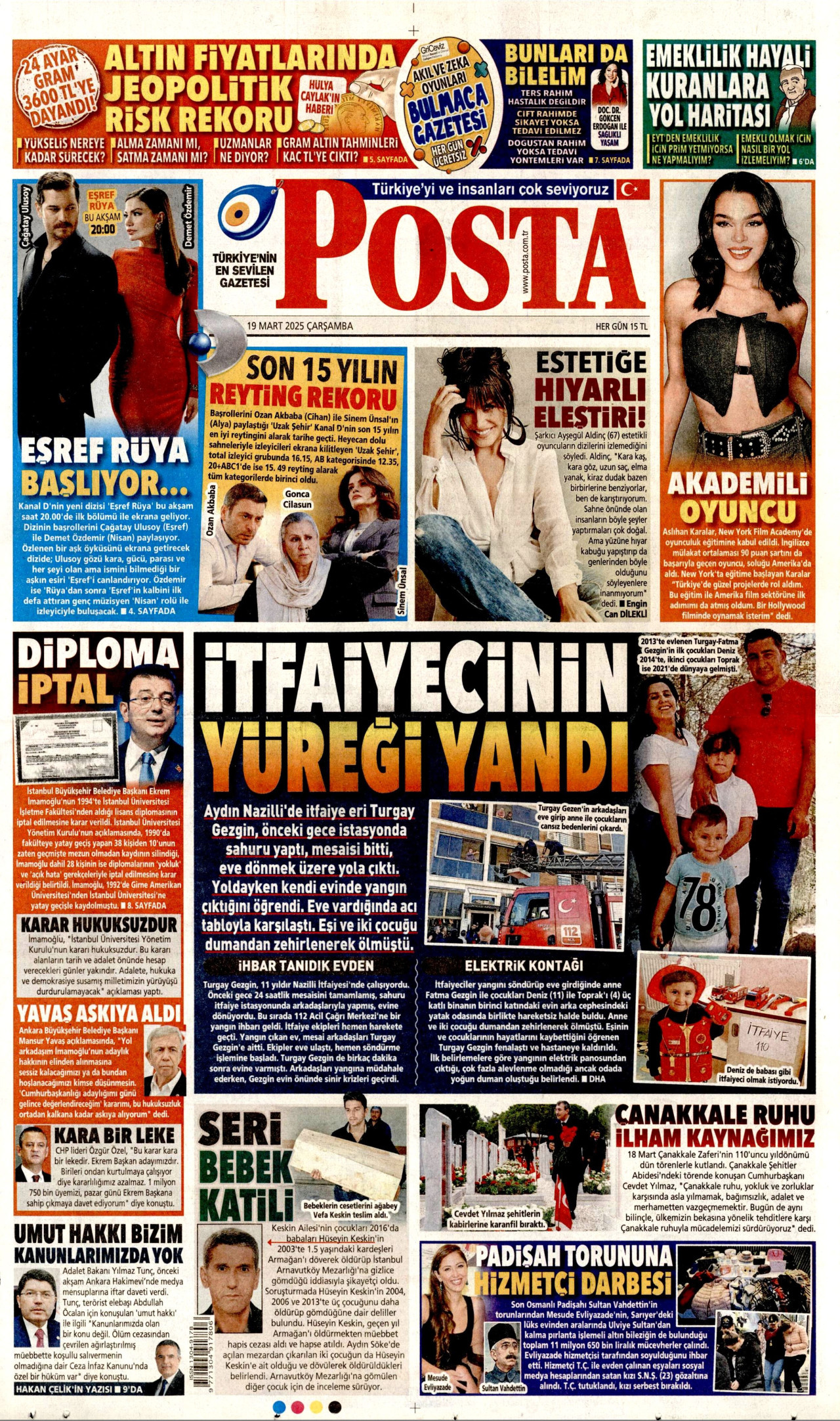 POSTA gazetesinin 19 Mart 2025 tarihli birinci sayfası