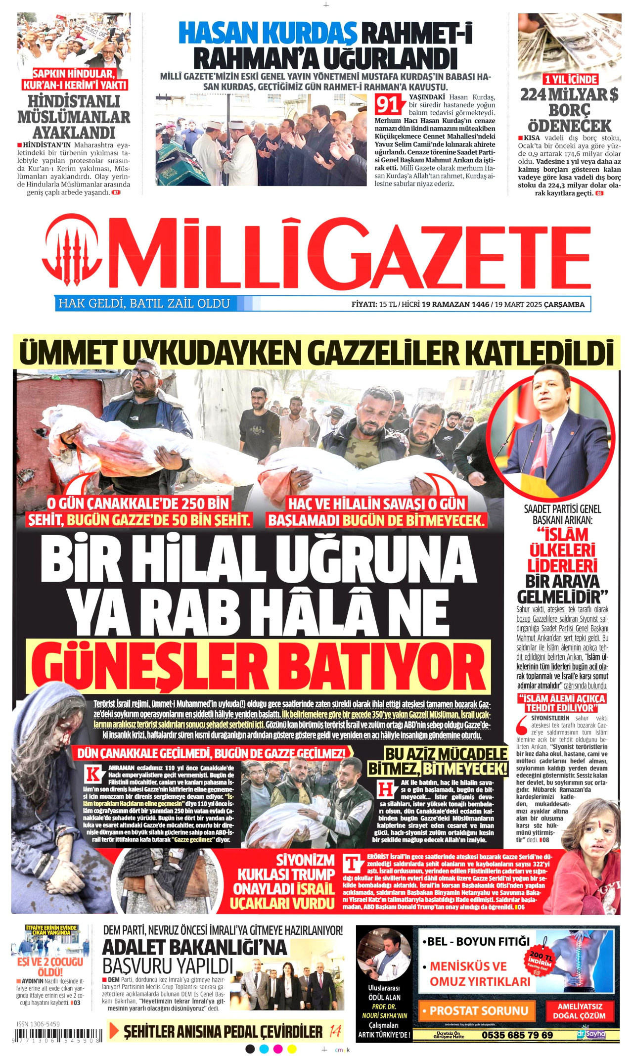 MİLLİ GAZETE gazetesinin 19 Mart 2025 tarihli birinci sayfası