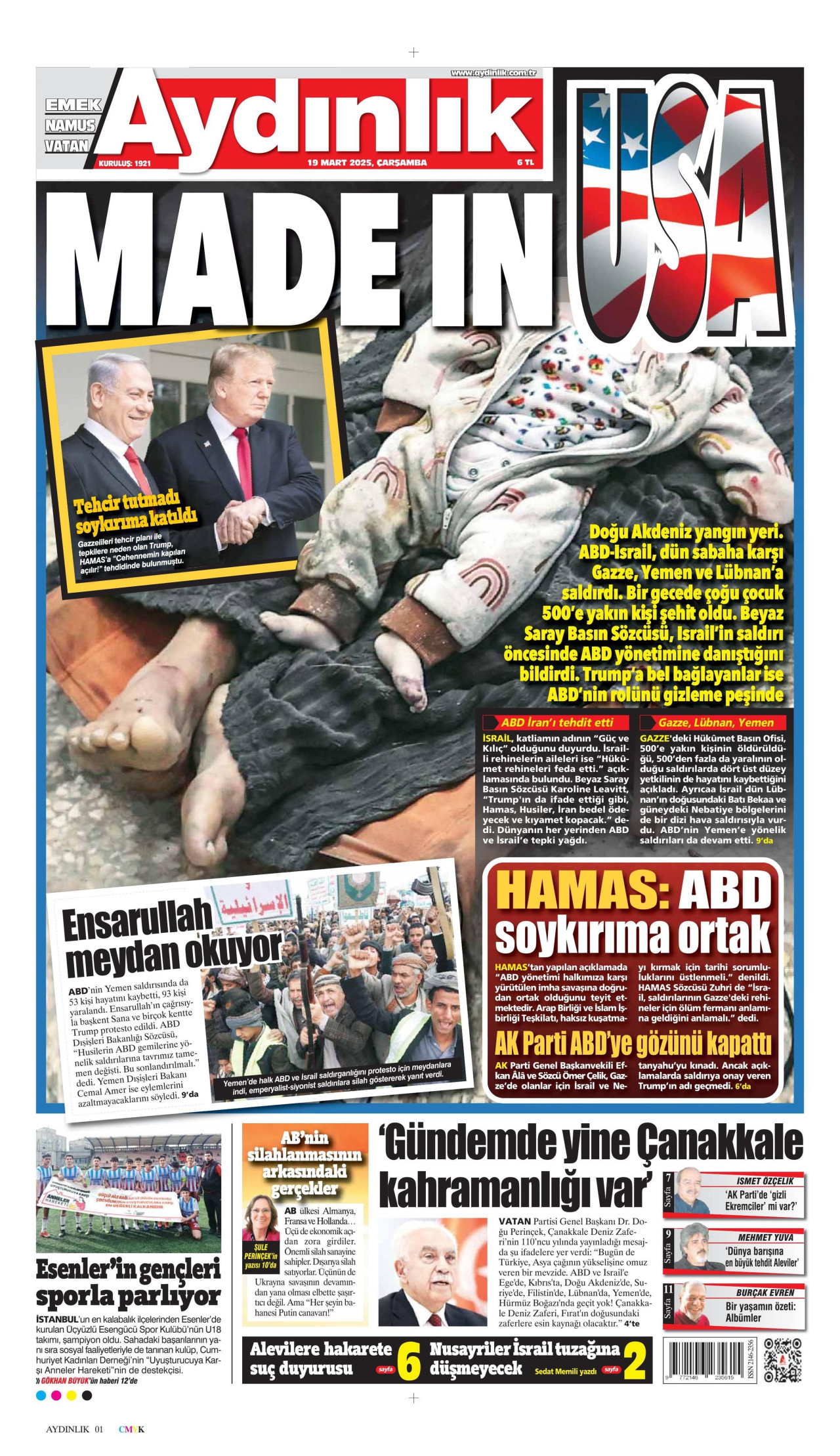 AYDINLIK GAZETESİ gazetesinin 19 Mart 2025 tarihli birinci sayfası