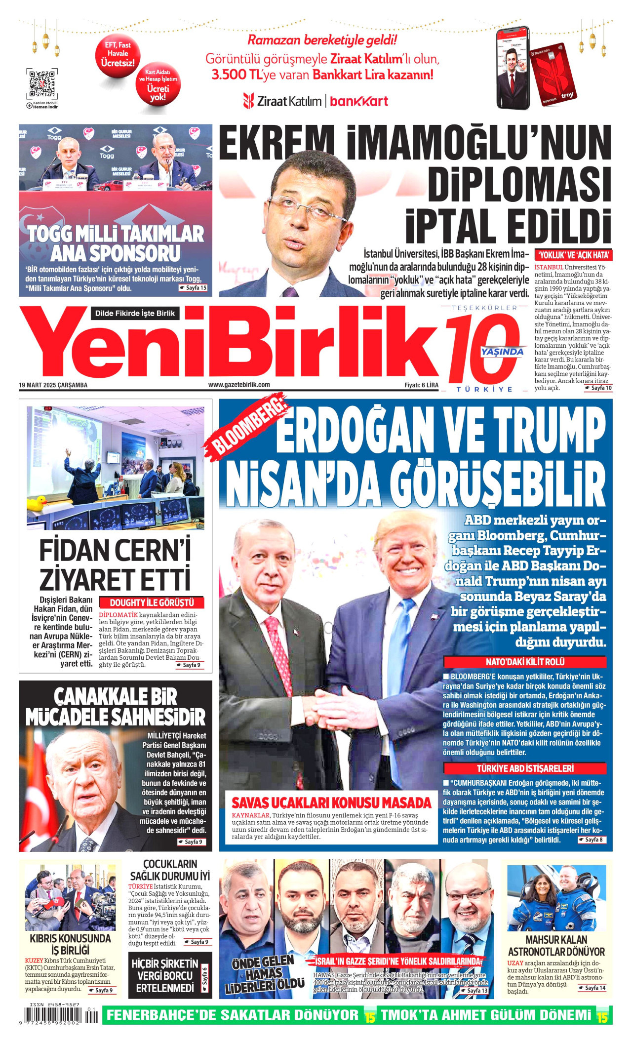 YENİBİRLİK gazetesinin 19 Mart 2025 tarihli birinci sayfası