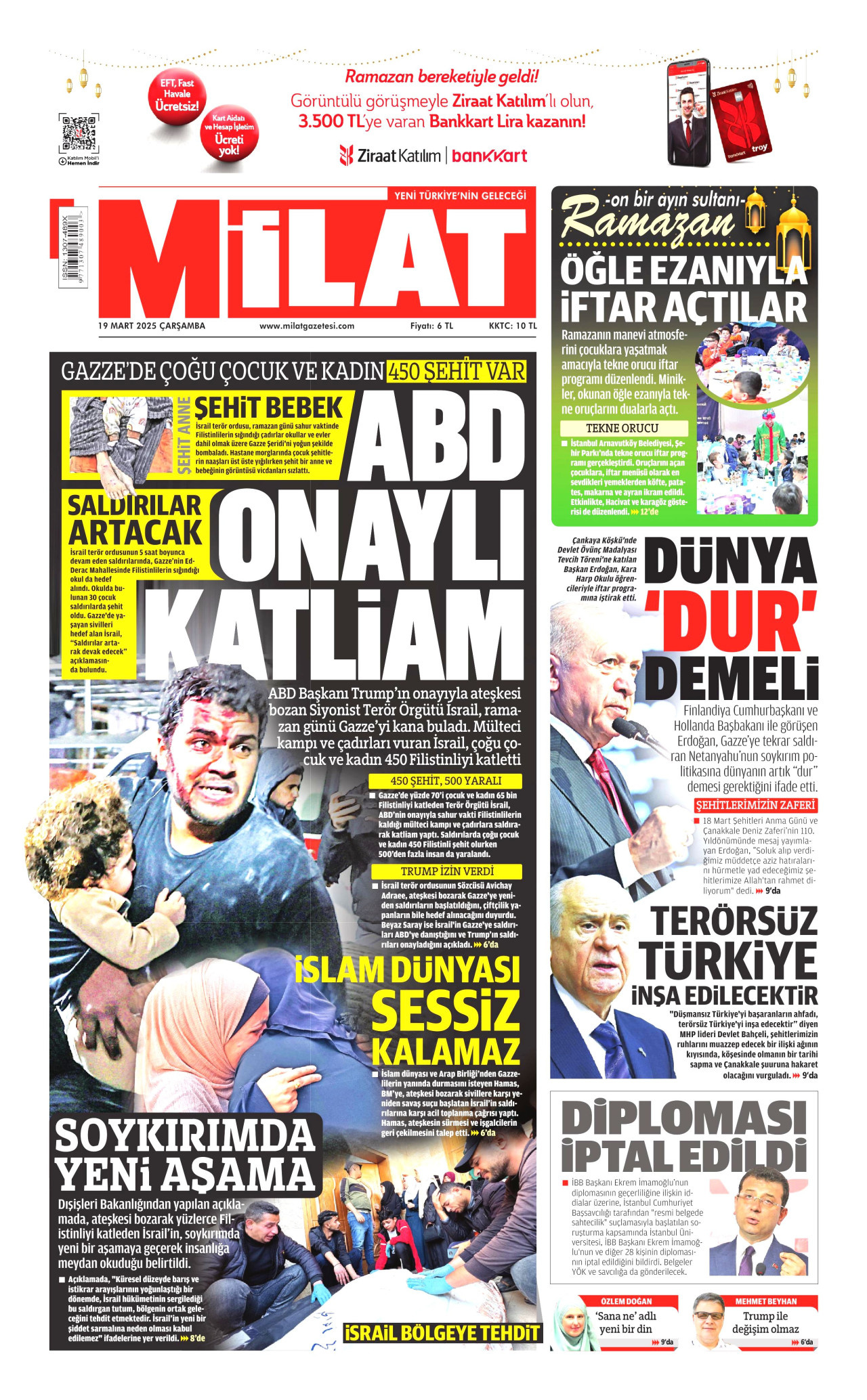 MİLAT gazetesinin 19 Mart 2025 tarihli birinci sayfası