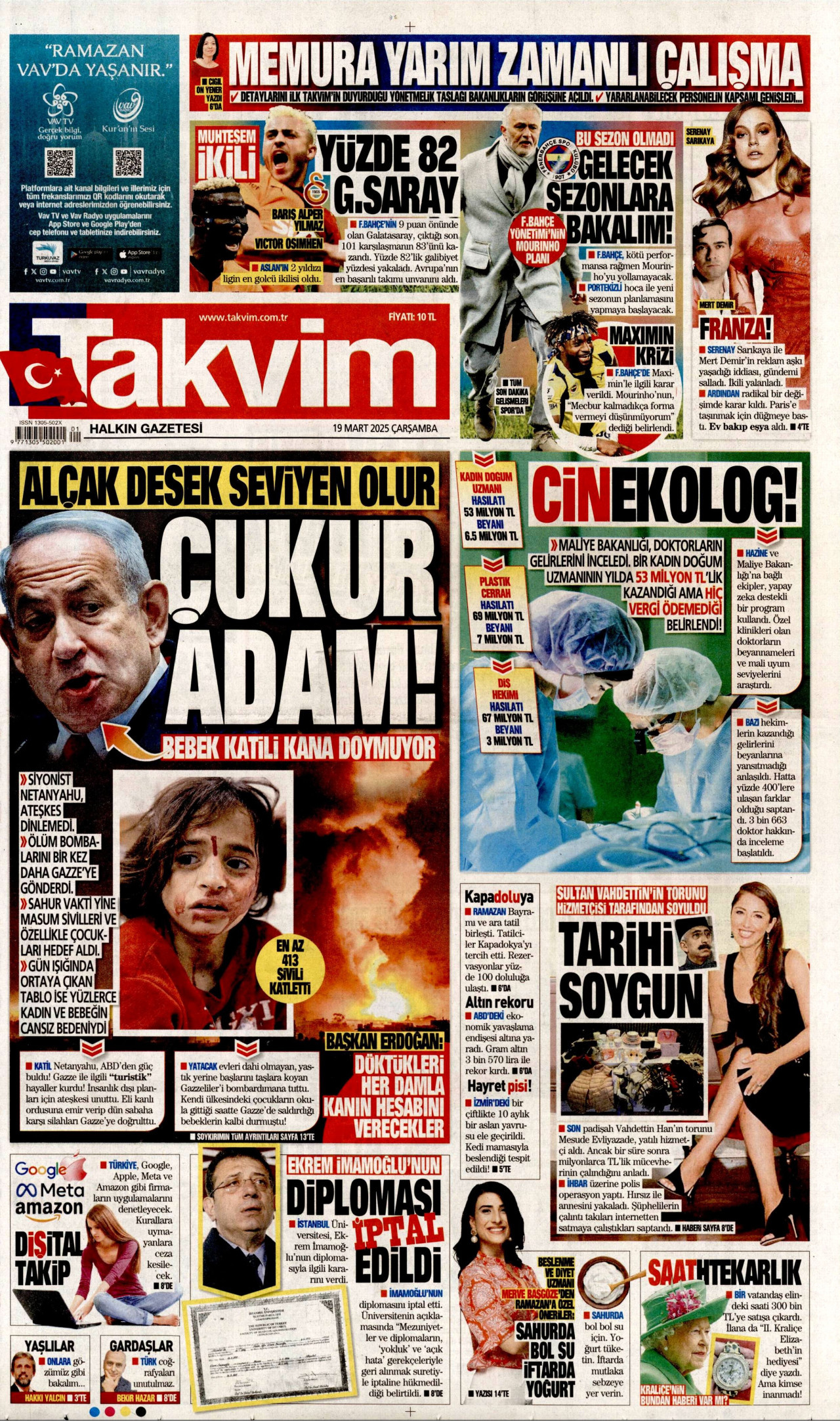 TAKVİM gazetesinin 19 Mart 2025 tarihli birinci sayfası
