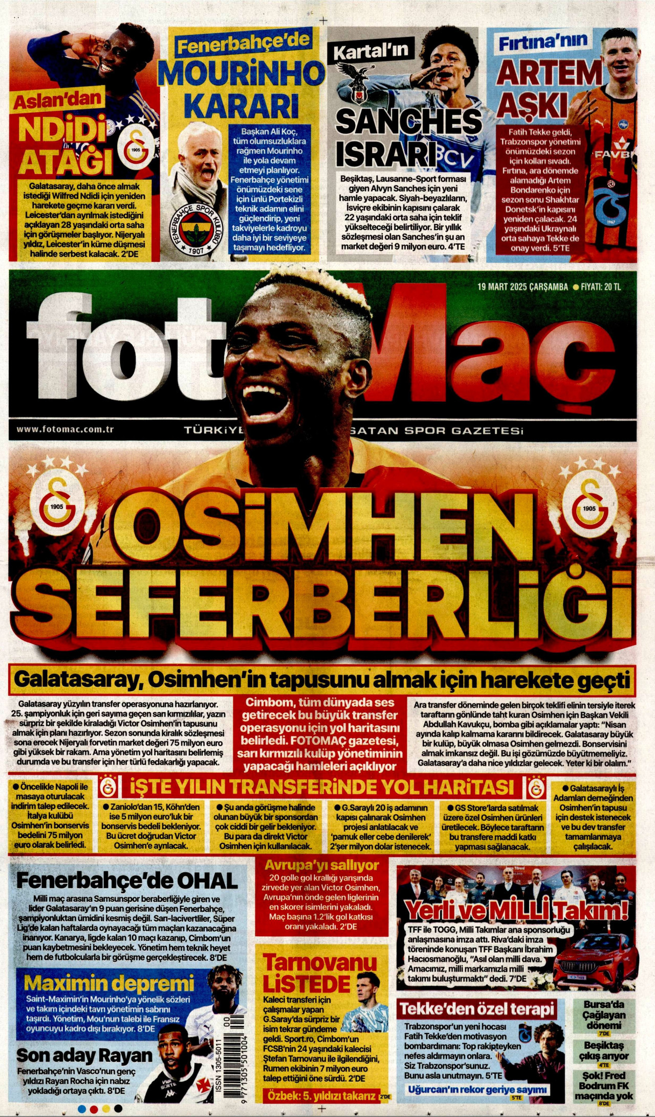 FOTOMAÇ gazetesinin 19 Mart 2025 tarihli birinci sayfası