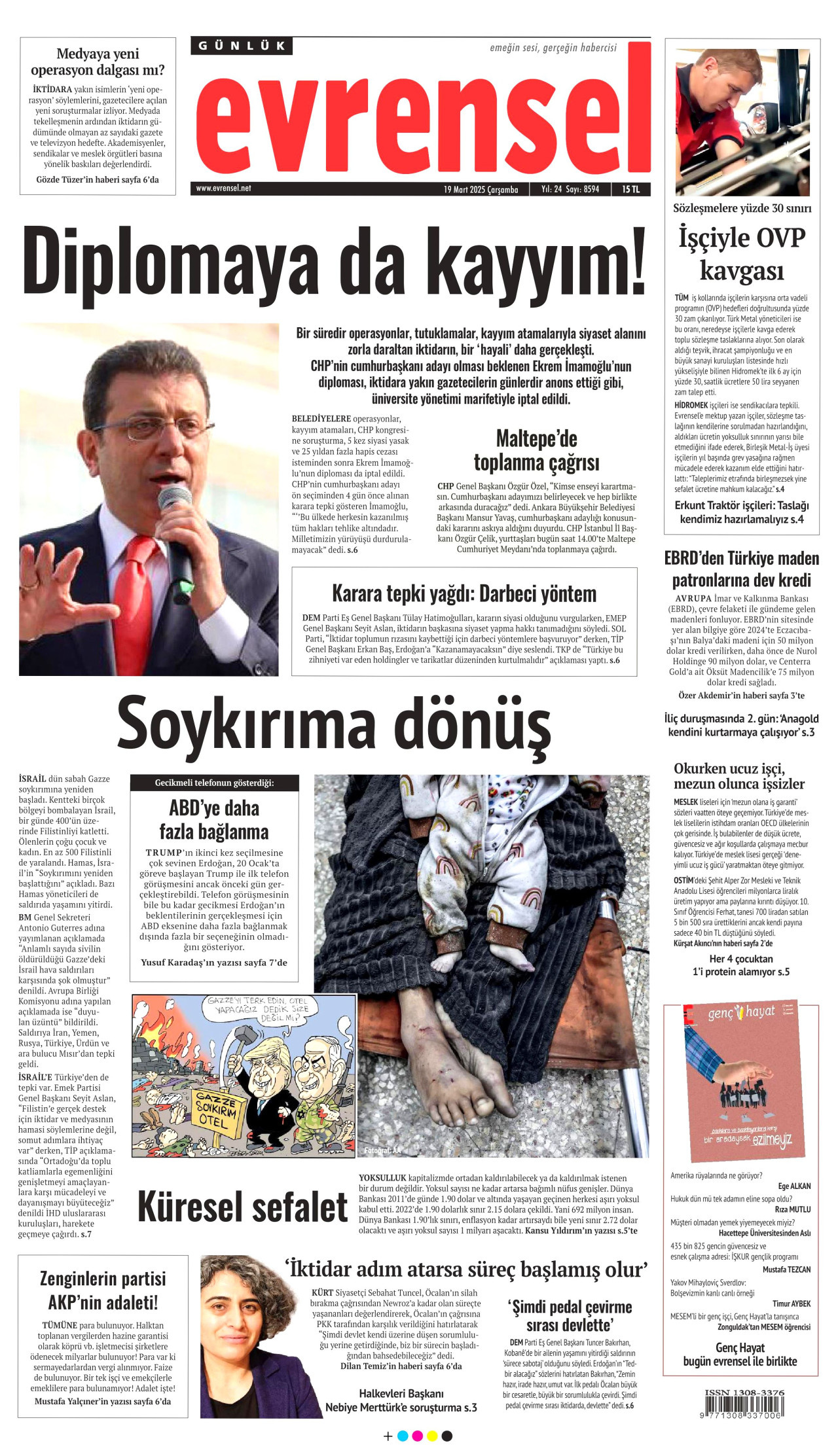 EVRENSEL gazetesinin 19 Mart 2025 tarihli birinci sayfası