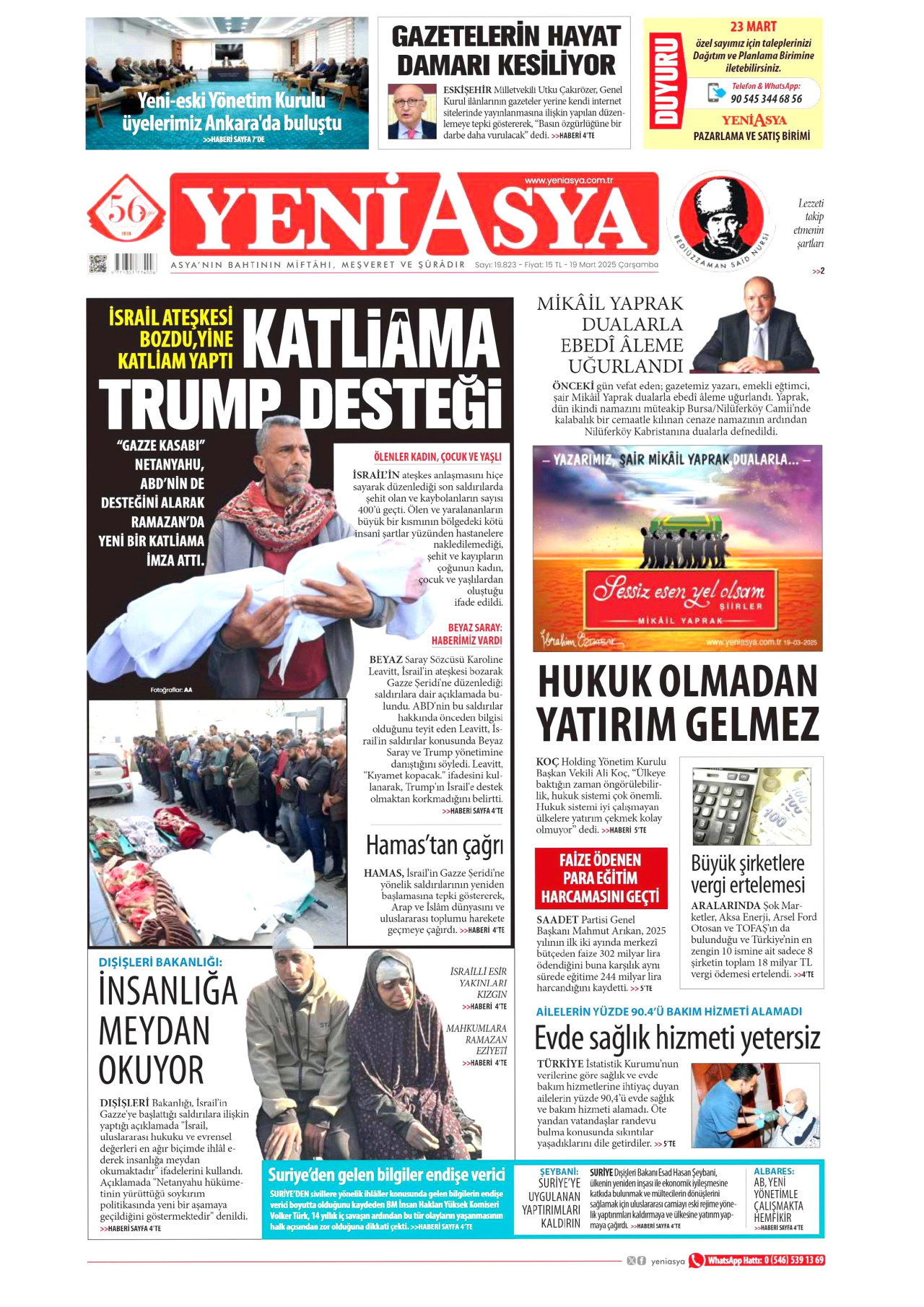 YENİ ASYA gazetesinin 19 Mart 2025 tarihli birinci sayfası