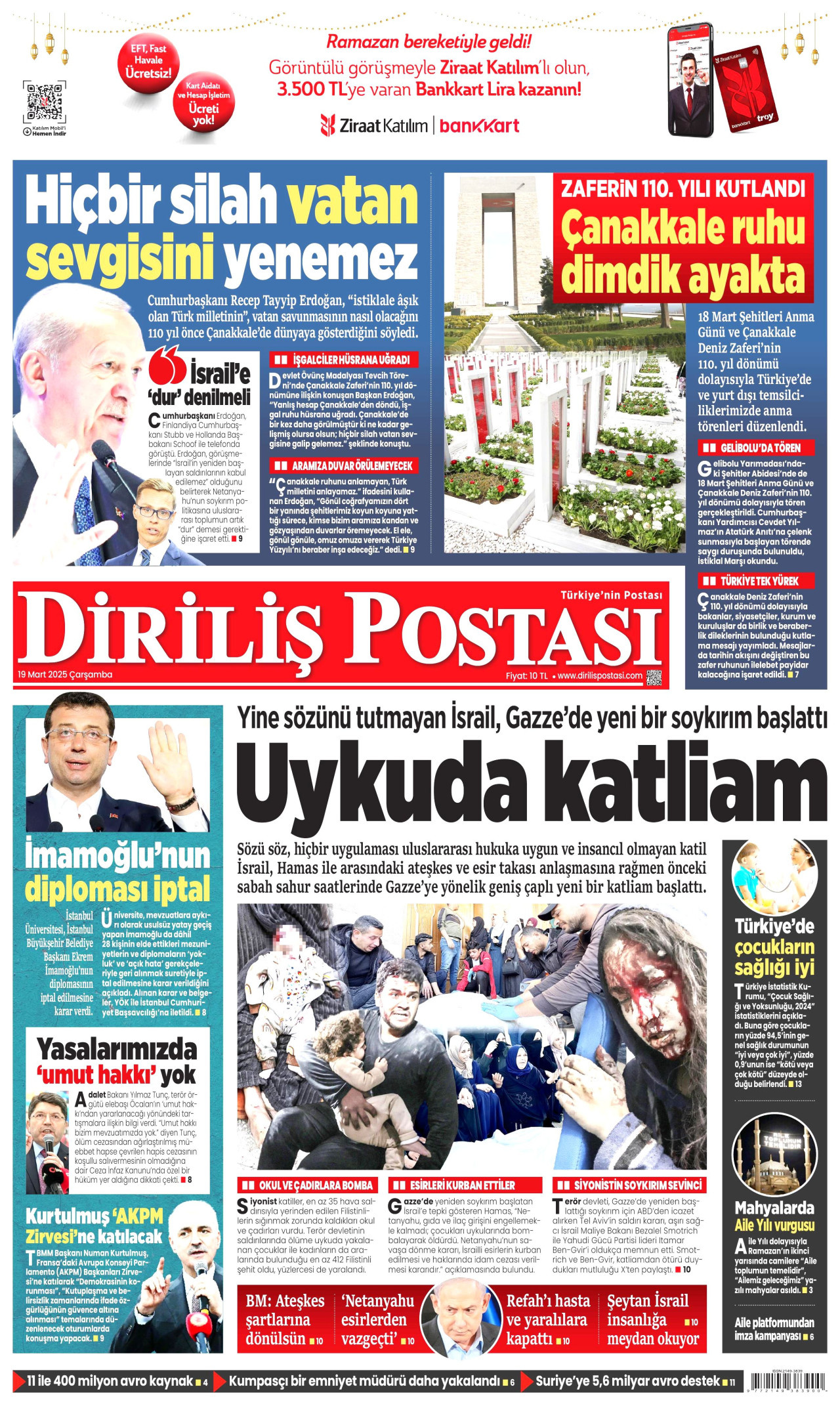 DİRİLİŞ POSTASI gazetesinin 19 Mart 2025 tarihli birinci sayfası