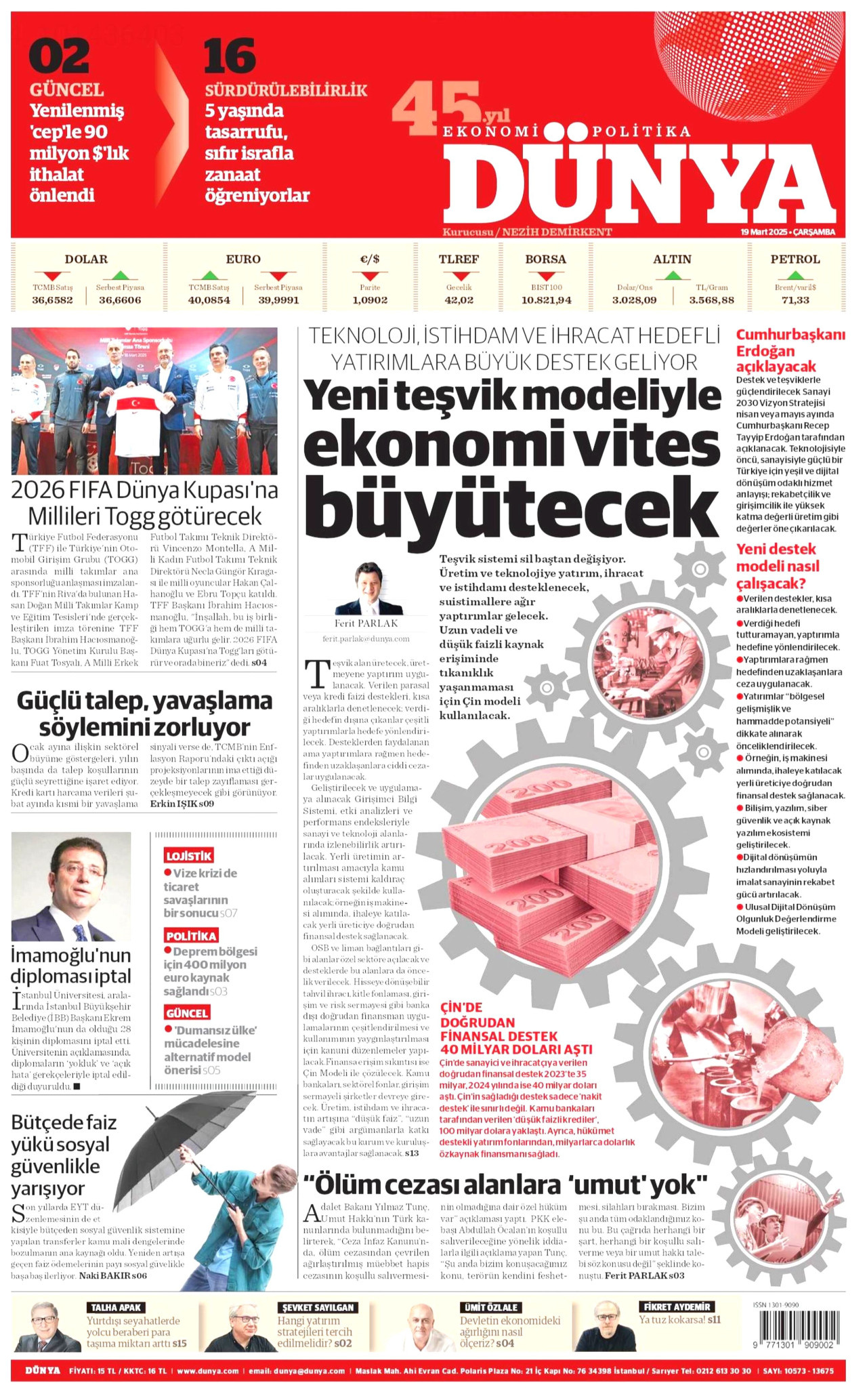 DÜNYA gazetesinin 19 Mart 2025 tarihli birinci sayfası
