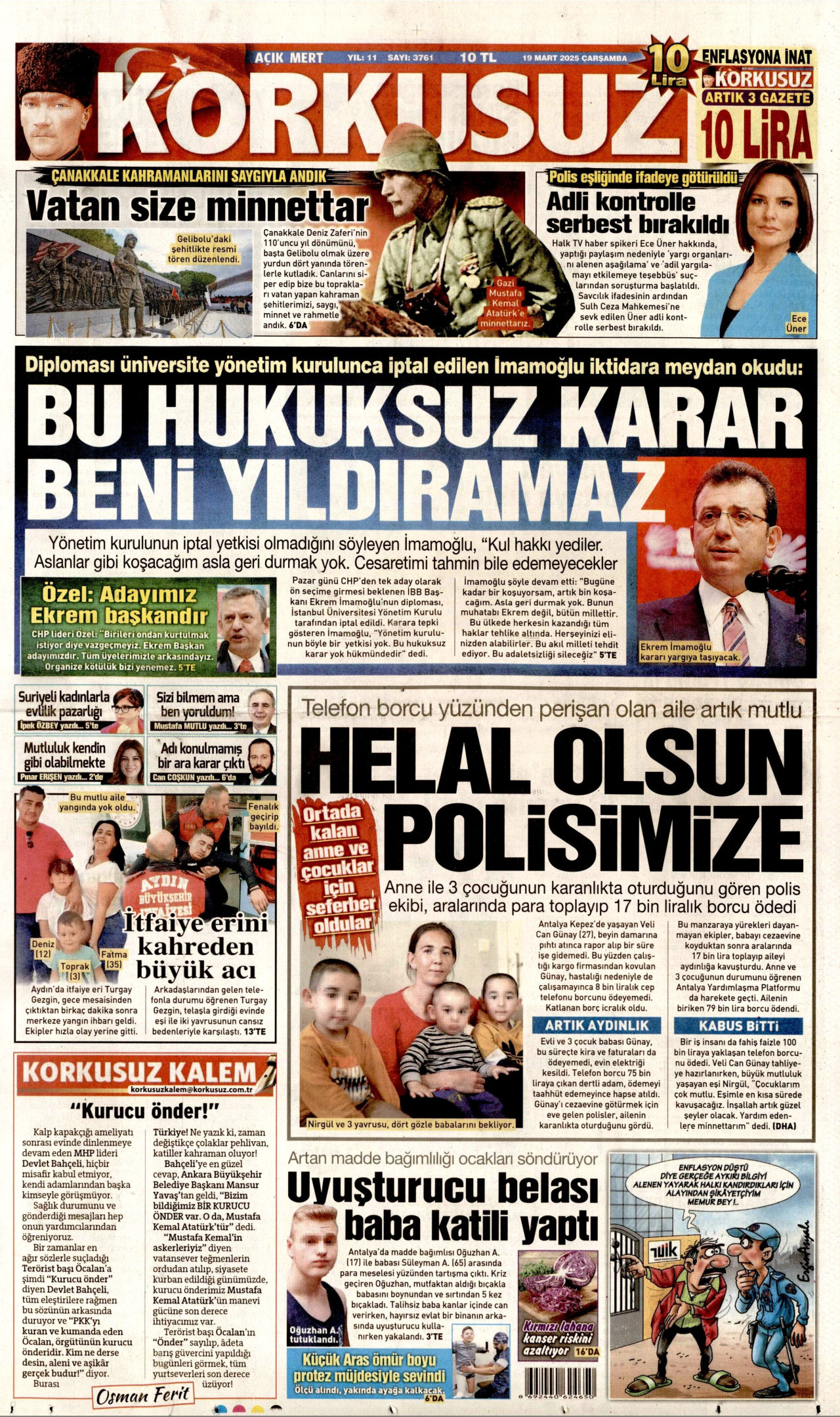 KORKUSUZ gazetesinin 19 Mart 2025 tarihli birinci sayfası