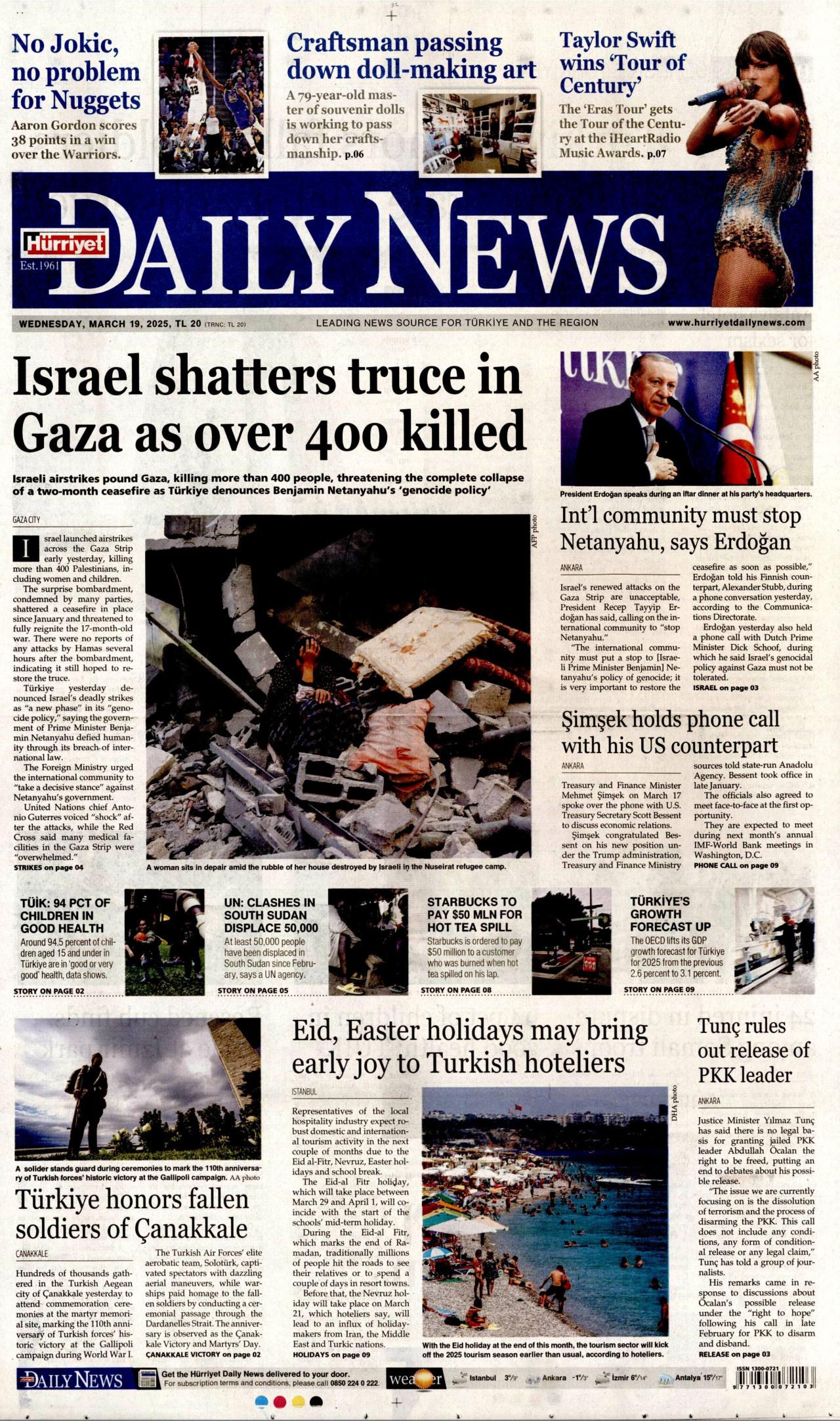 HÜRRİYET DAİLY NEWS gazetesinin 19 Mart 2025 tarihli birinci sayfası