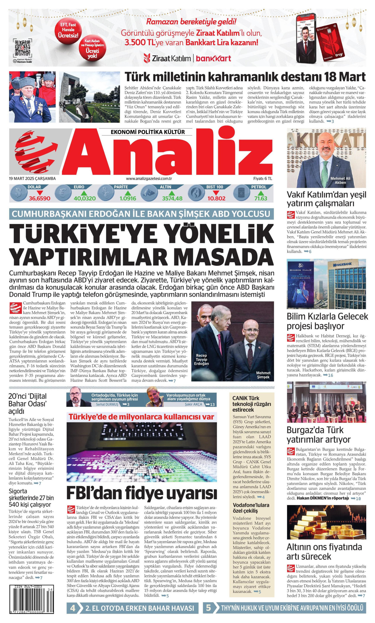 ANALİZ gazetesinin 19 Mart 2025 tarihli birinci sayfası