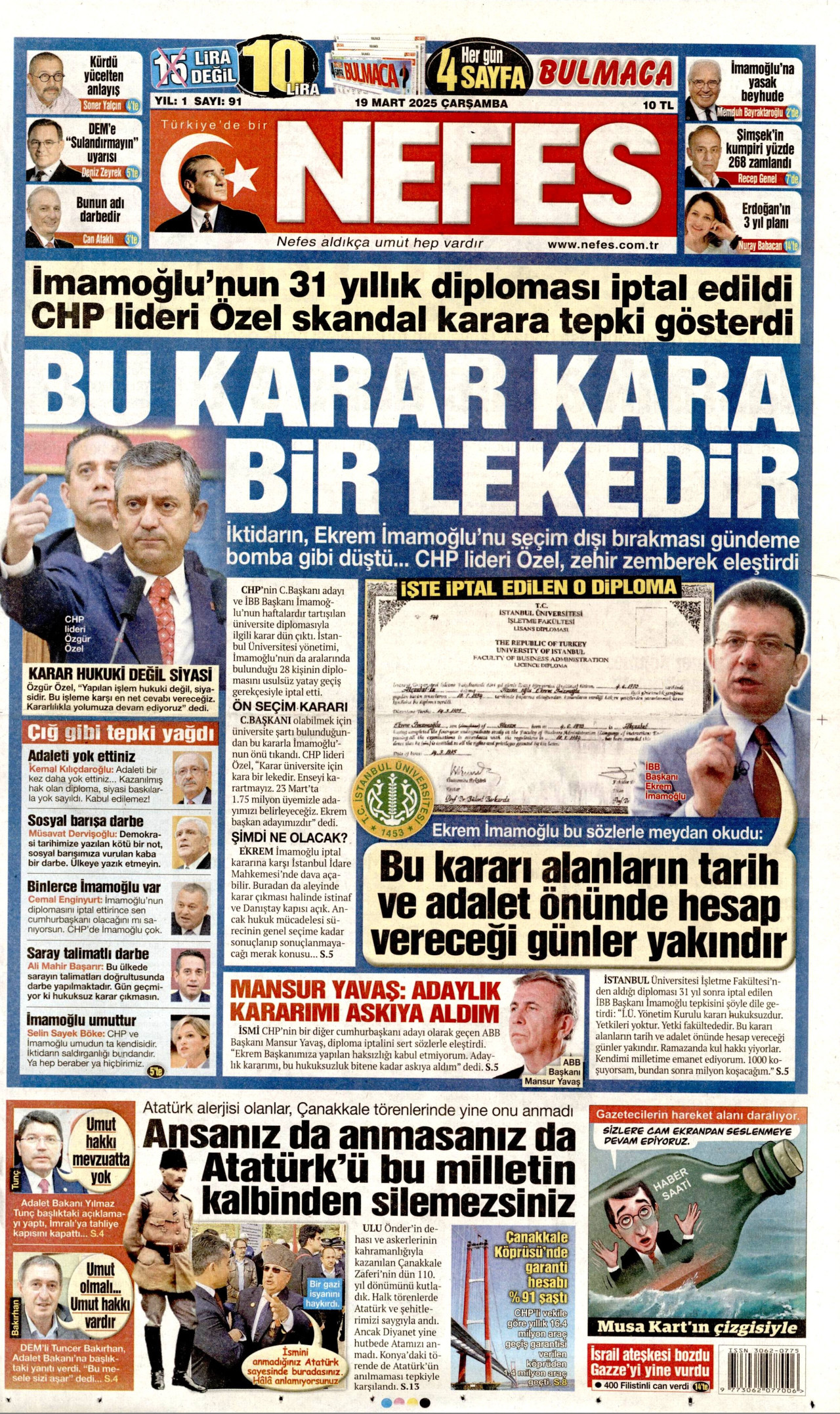 NEFES gazetesinin 19 Mart 2025 tarihli birinci sayfası