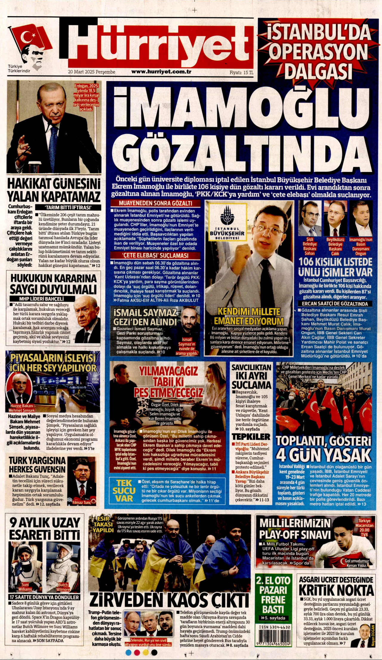 HÜRRİYET gazetesinin 20 Mart 2025 tarihli birinci sayfası