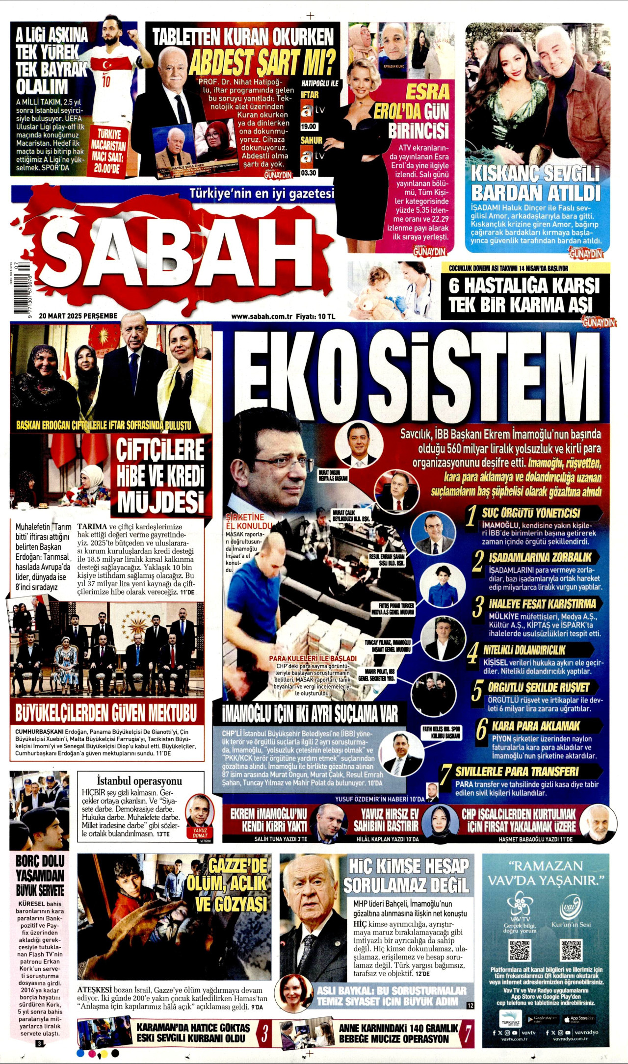 SABAH gazetesinin 20 Mart 2025 tarihli birinci sayfası