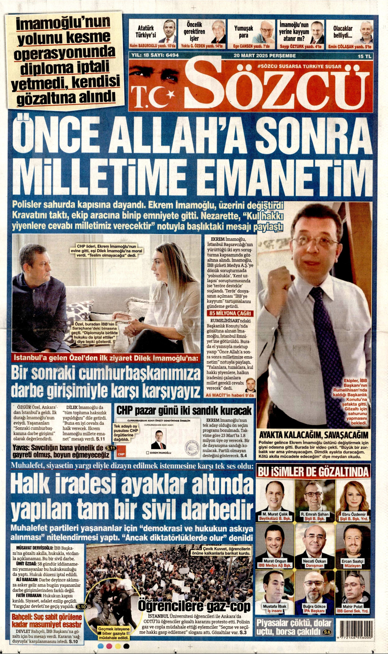SÖZCÜ gazetesinin 20 Mart 2025 tarihli birinci sayfası