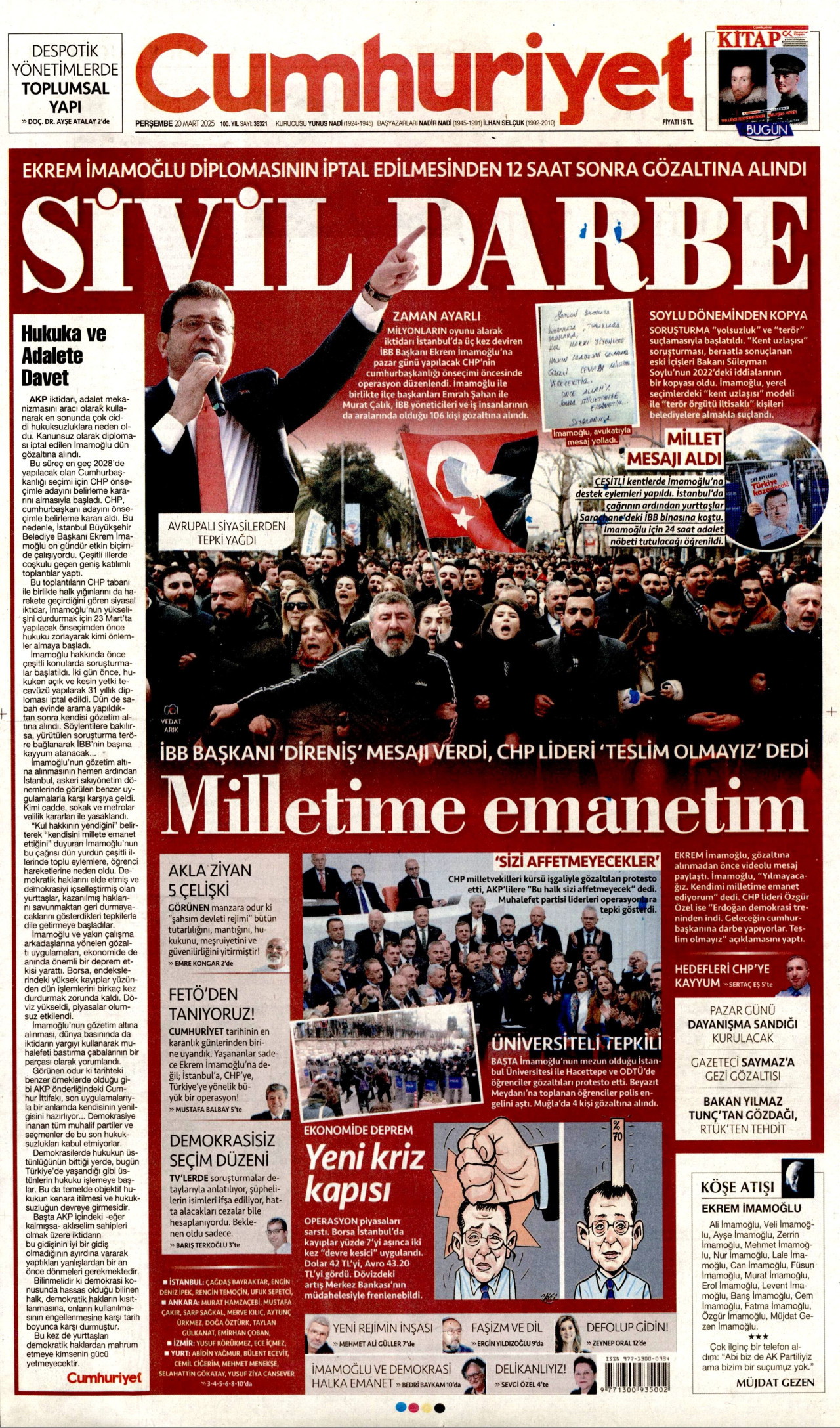 CUMHURİYET gazetesinin 20 Mart 2025 tarihli birinci sayfası