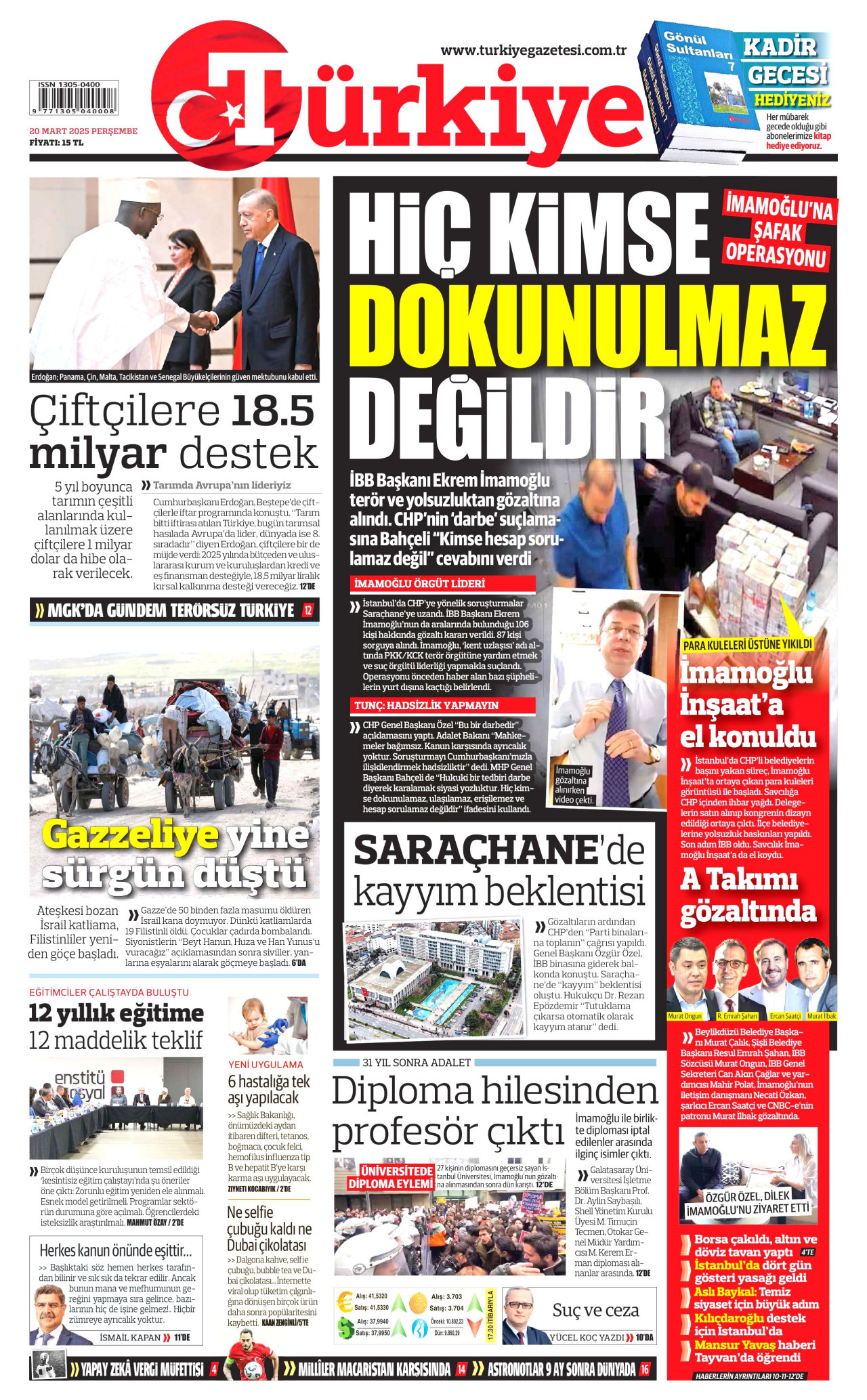 TÜRKİYE GAZETESİ gazetesinin 20 Mart 2025 tarihli birinci sayfası