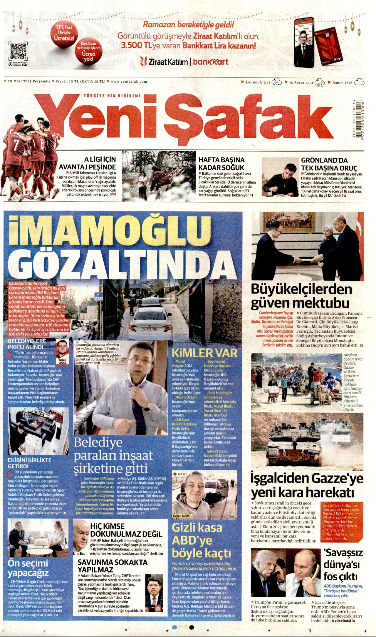 YENİ ŞAFAK gazetesinin 20 Mart 2025 tarihli birinci sayfası