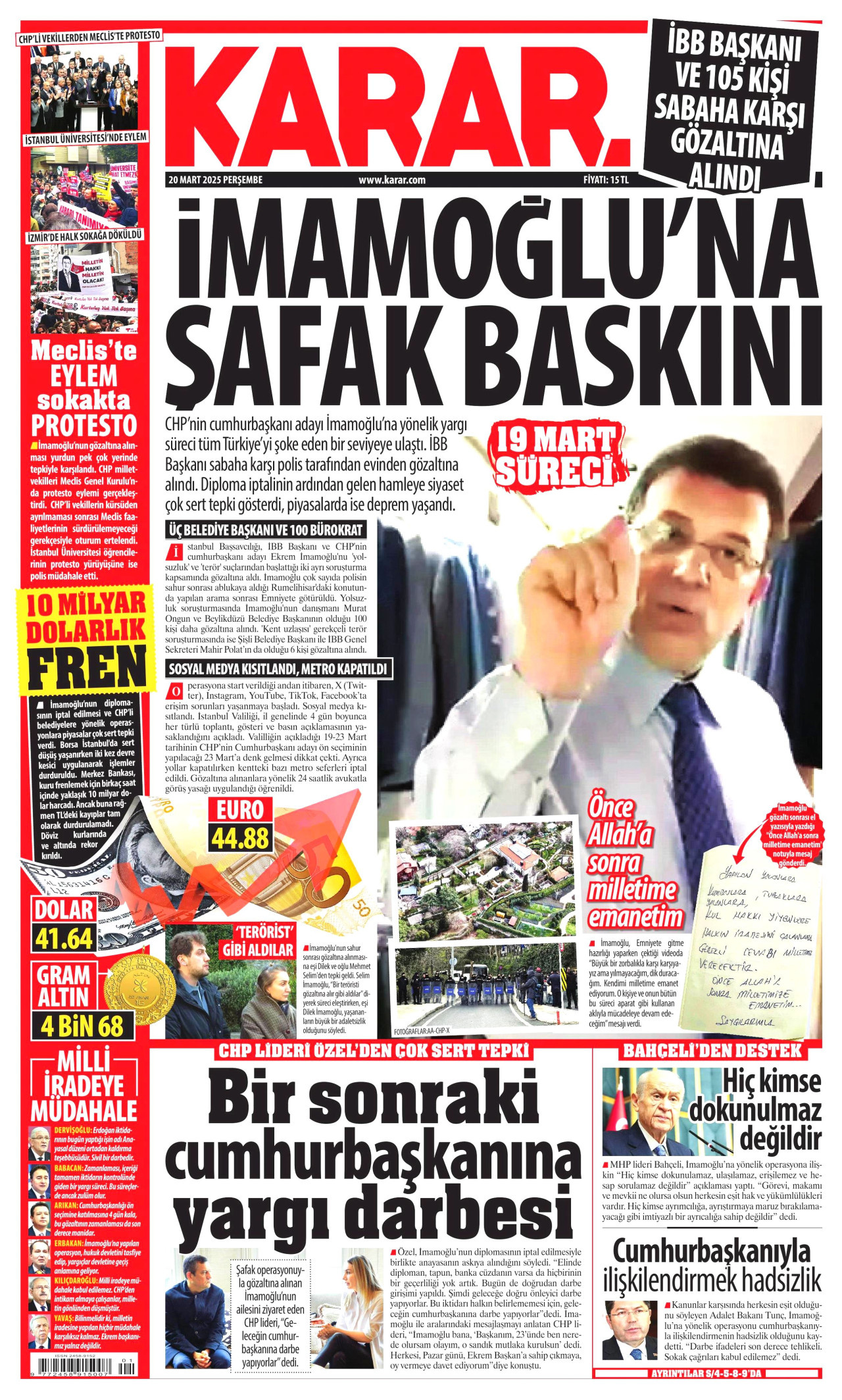 KARAR gazetesinin 20 Mart 2025 tarihli birinci sayfası