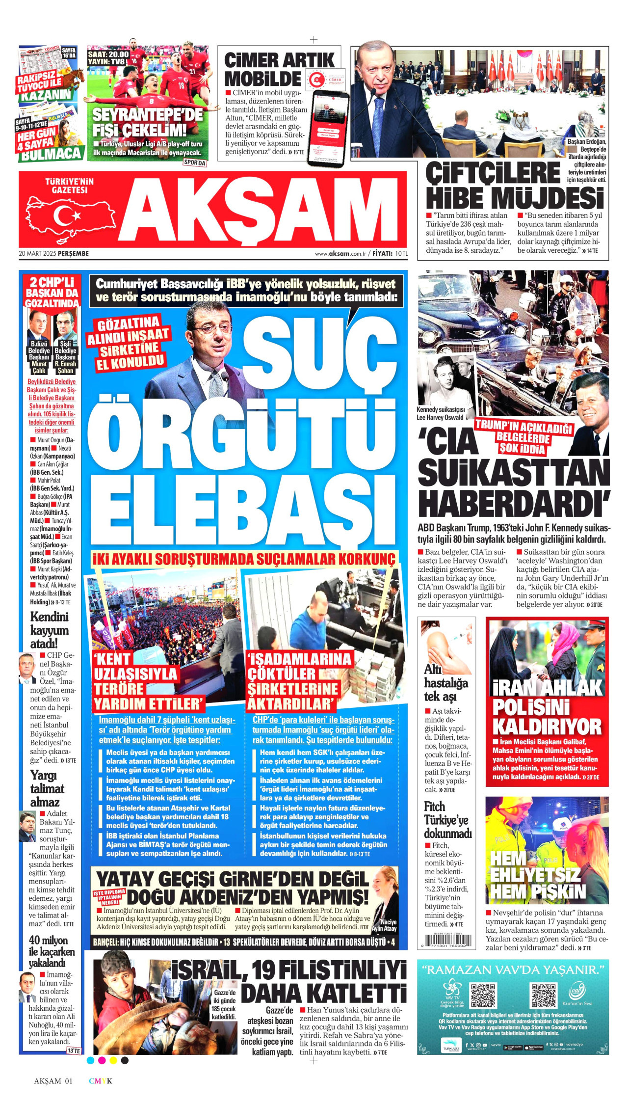 AKŞAM gazetesinin 20 Mart 2025 tarihli birinci sayfası