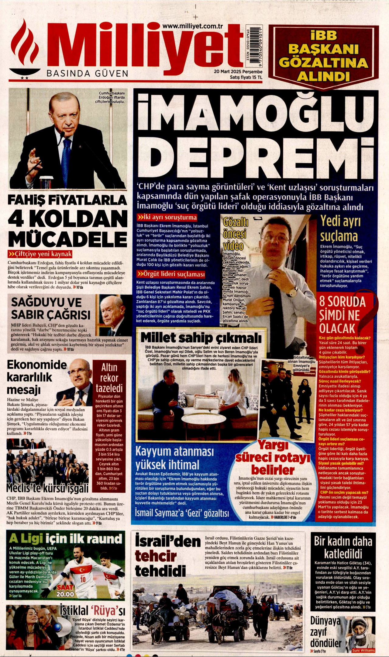 MİLLİYET gazetesinin 20 Mart 2025 tarihli birinci sayfası