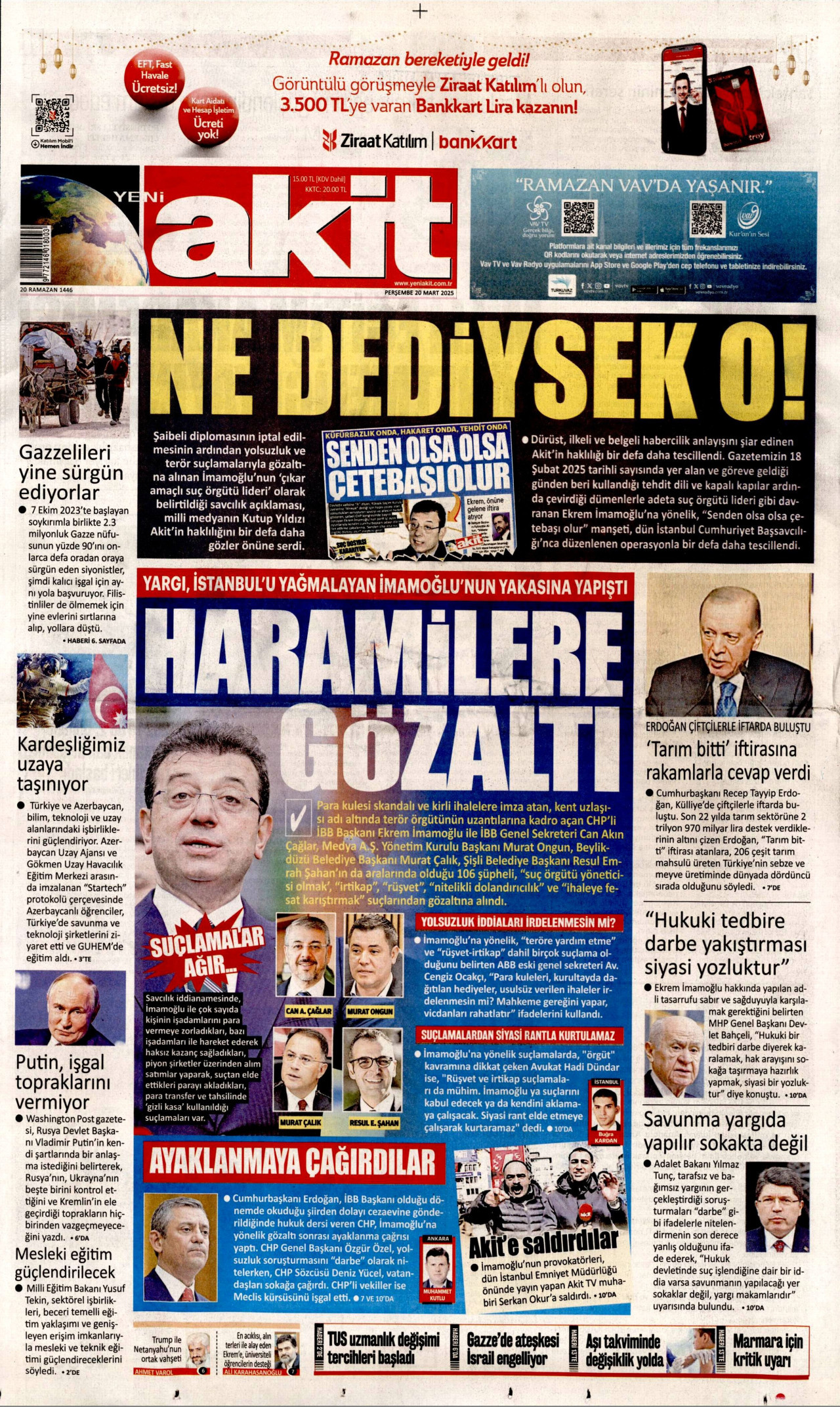 YENİ AKİT gazetesinin 20 Mart 2025 tarihli birinci sayfası