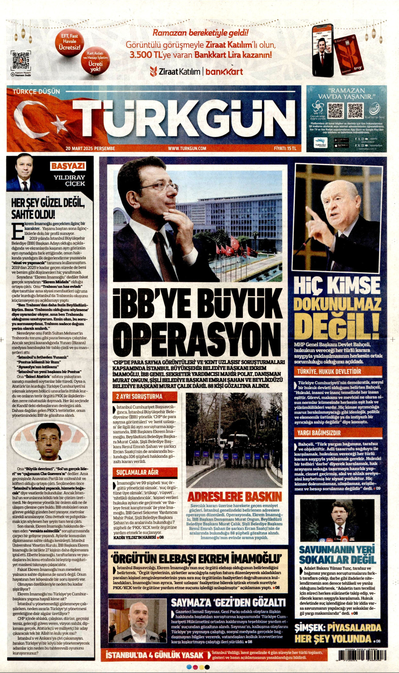 TÜRKGÜN gazetesinin 20 Mart 2025 tarihli birinci sayfası