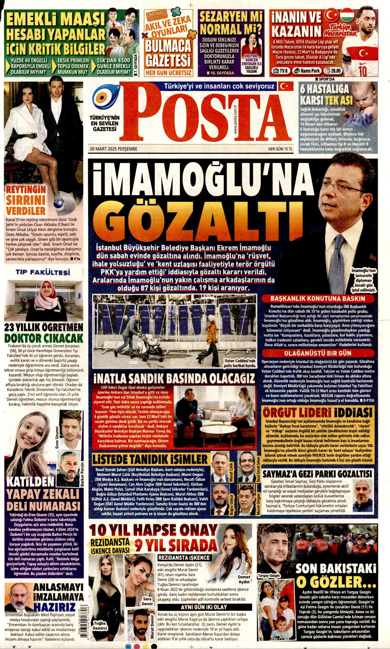POSTA gazetesinin 20 Mart 2025 tarihli birinci sayfası