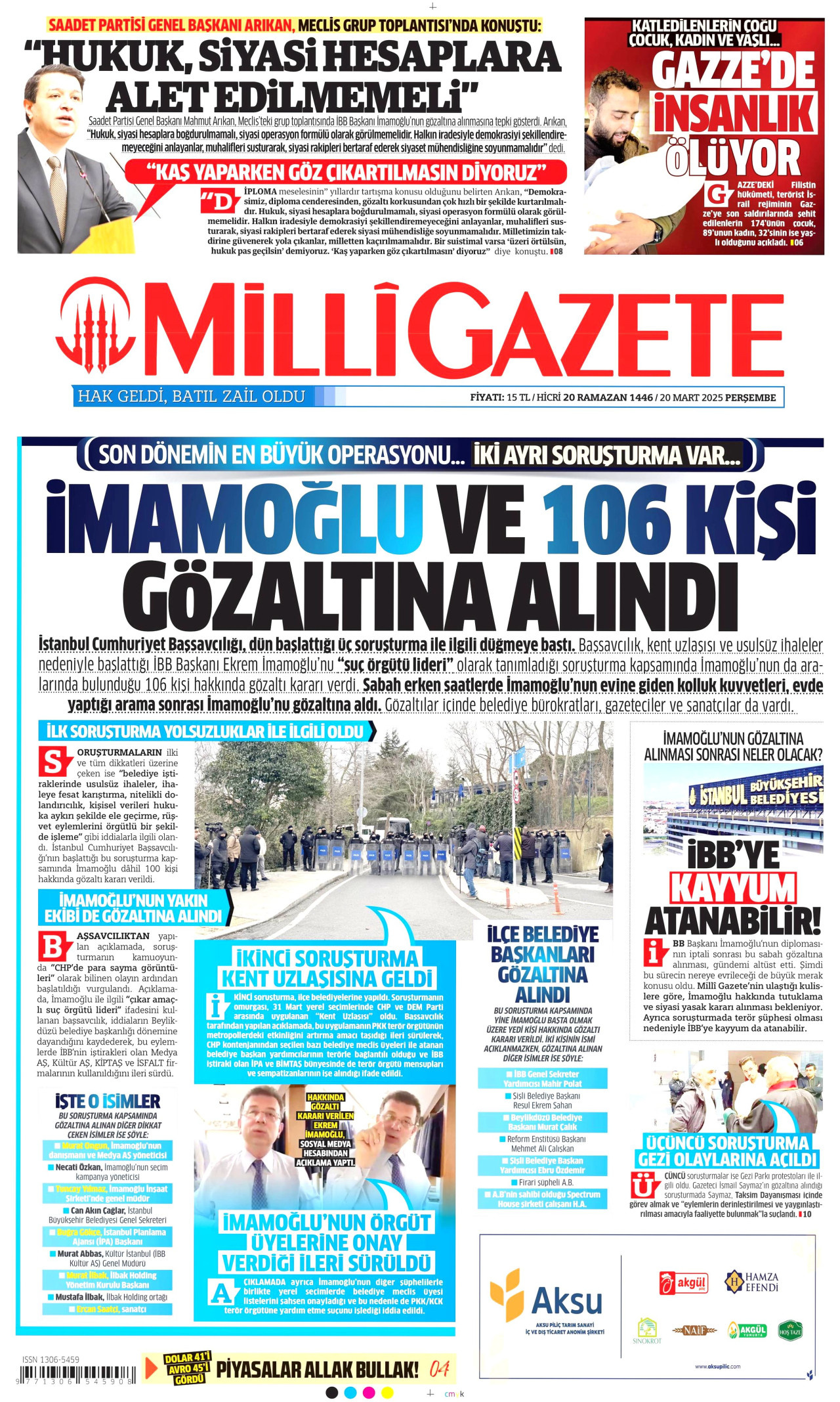 MİLLİ GAZETE gazetesinin 20 Mart 2025 tarihli birinci sayfası