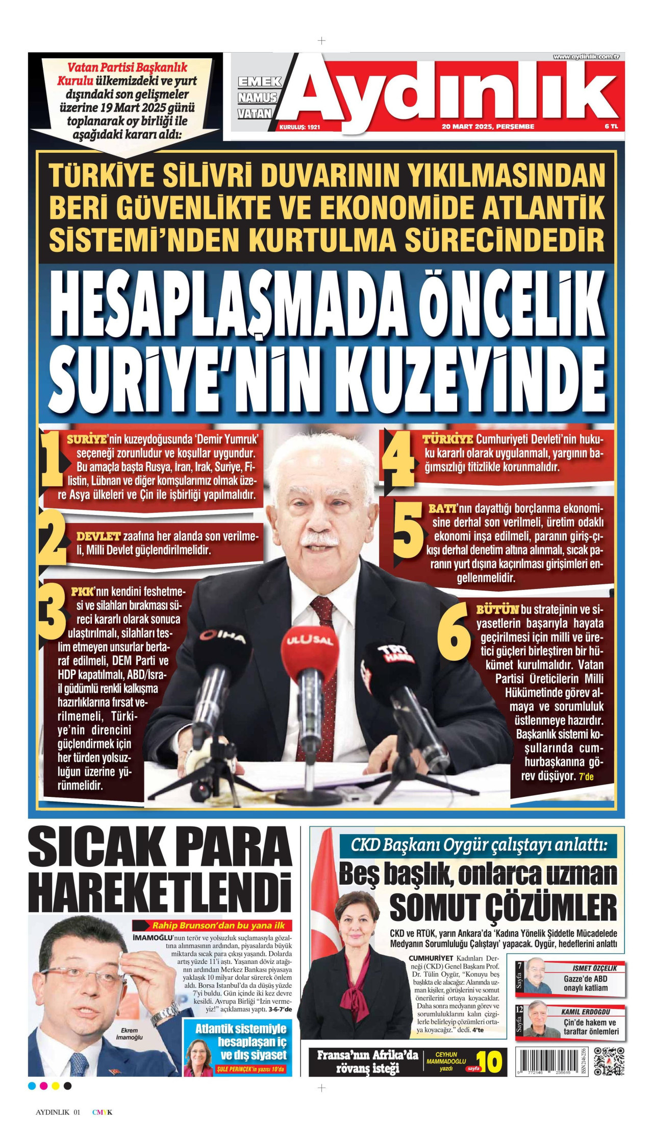 AYDINLIK GAZETESİ gazetesinin 20 Mart 2025 tarihli birinci sayfası