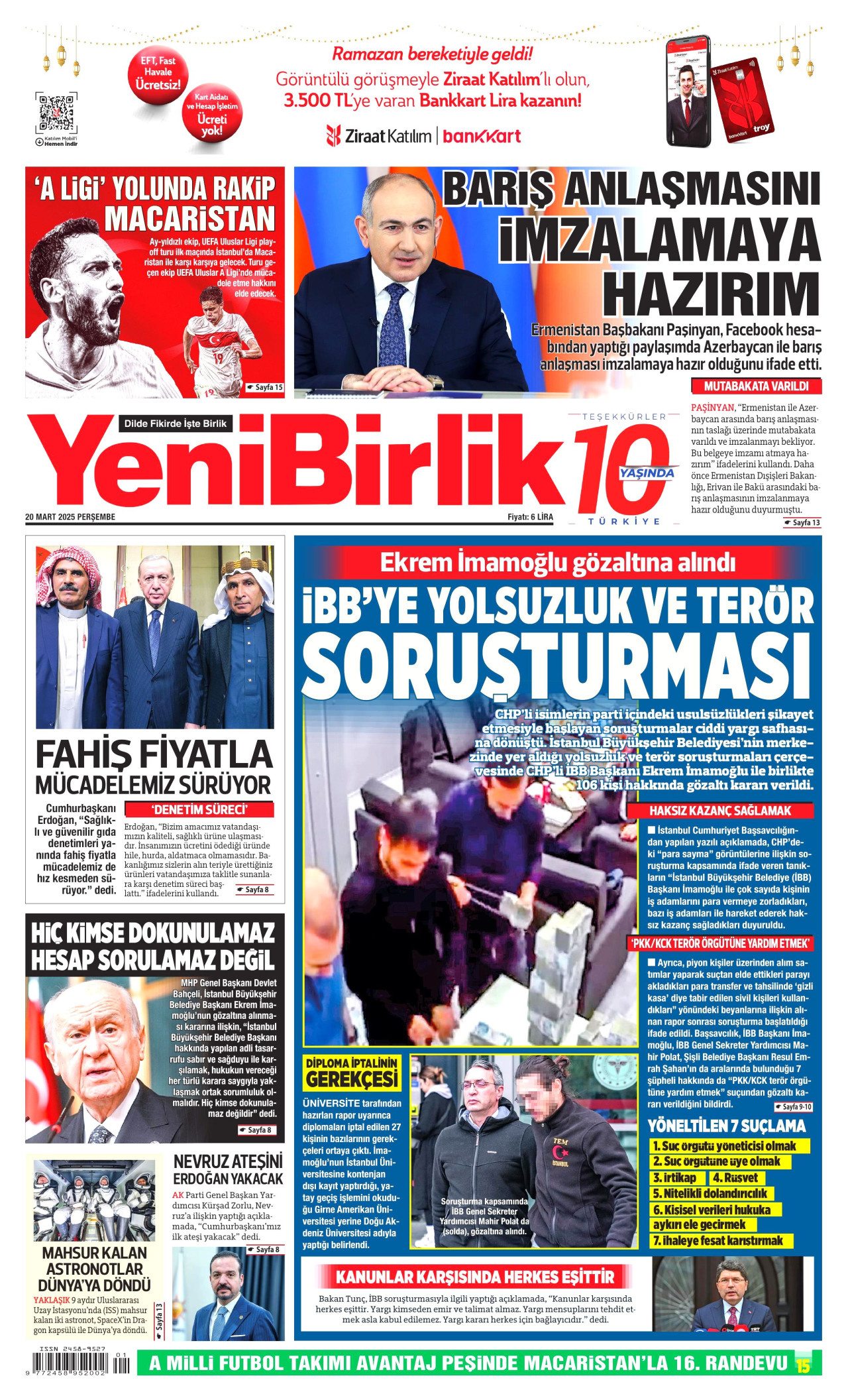 YENİBİRLİK gazetesinin 20 Mart 2025 tarihli birinci sayfası
